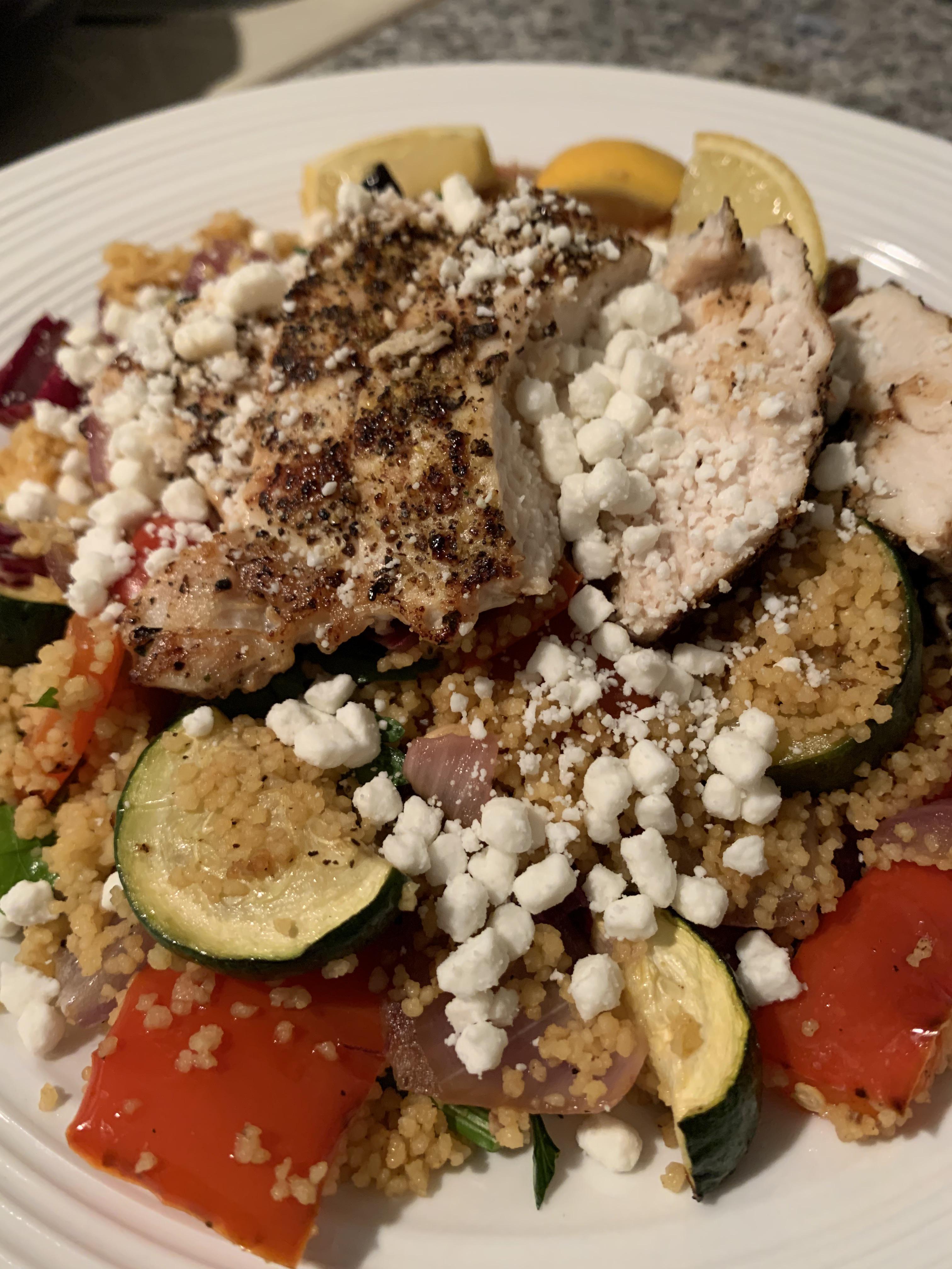 Greek Lemon Chicken with Herby Couscous, Roasted Veggies and Feta (8/10