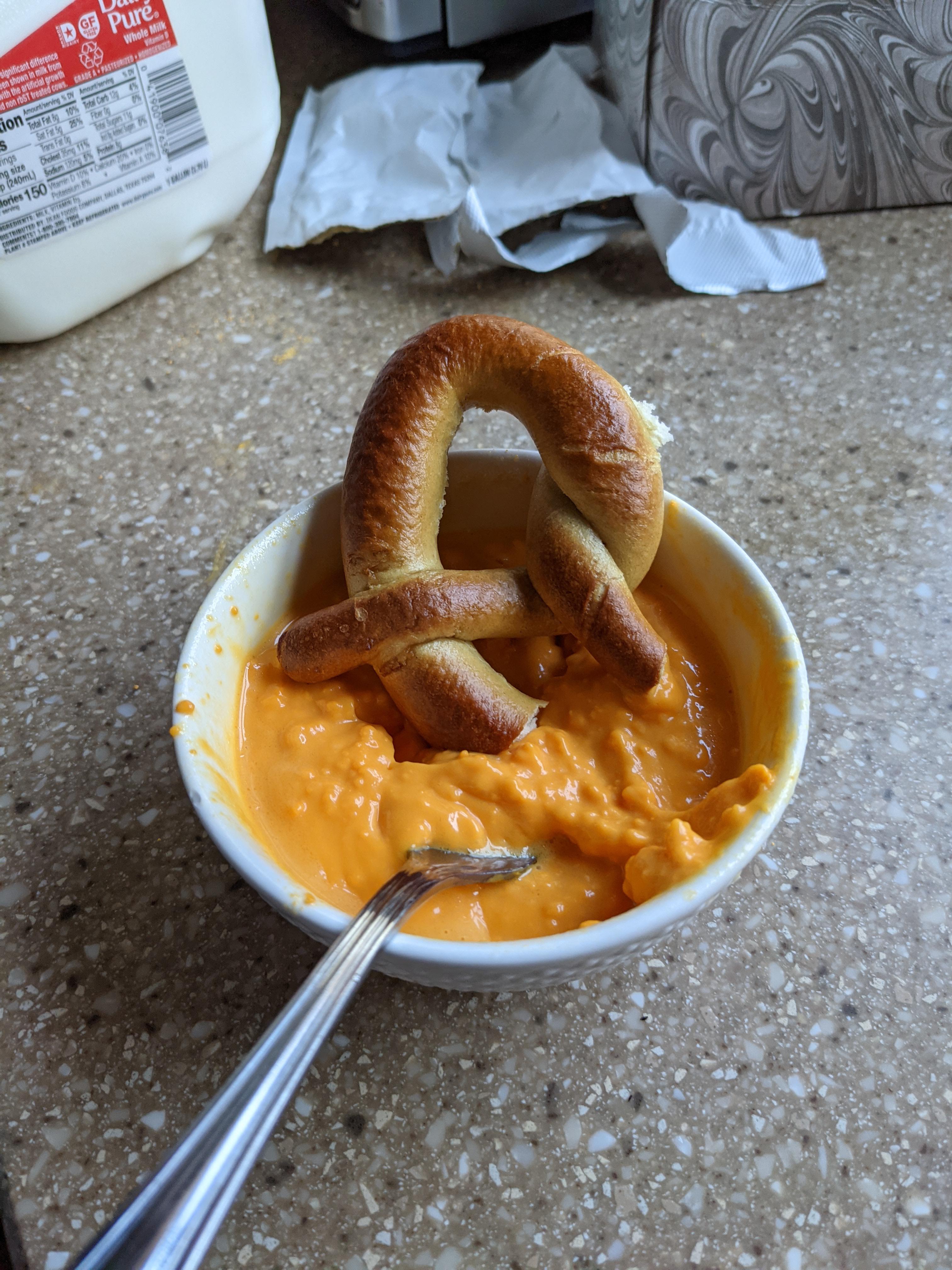 Microwave pretzel with "Macaroni and Cheese" cheese sauce r