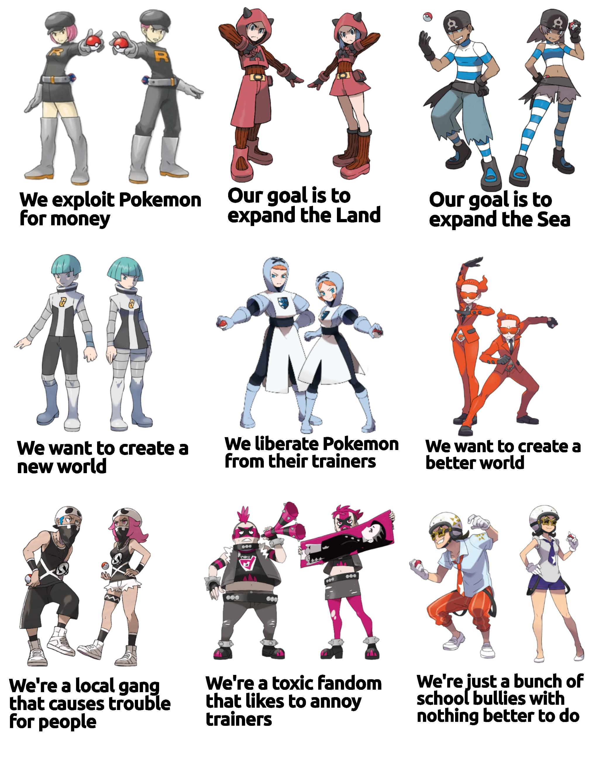 Each evil team regarding their agenda. r/pokemonmemes