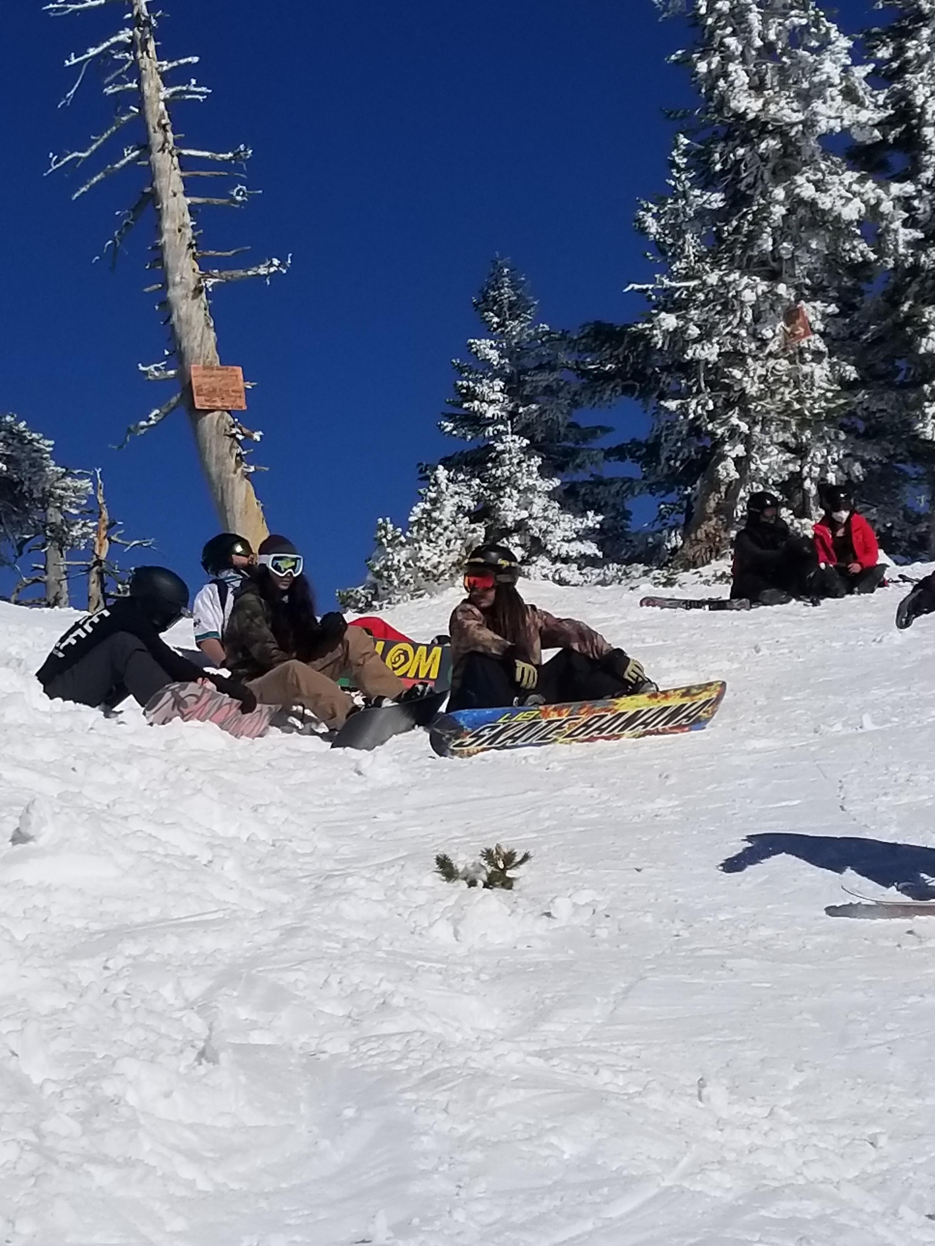 Candid pic of the crew absolutely scoring at Mt Baldy CA snowboarding
