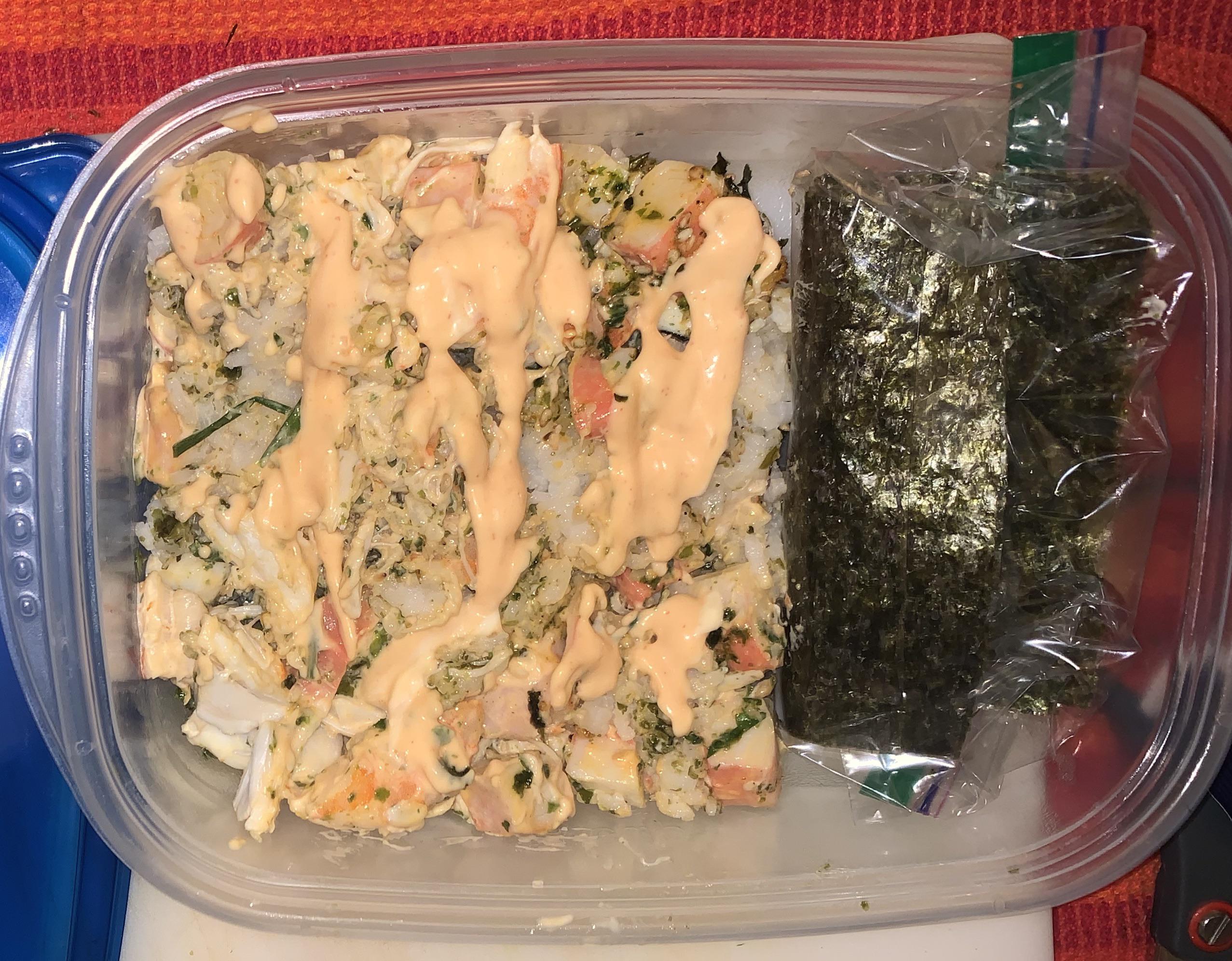Leftover sushi bake (lump crab, imitation crab and shrimp mixed w spicy