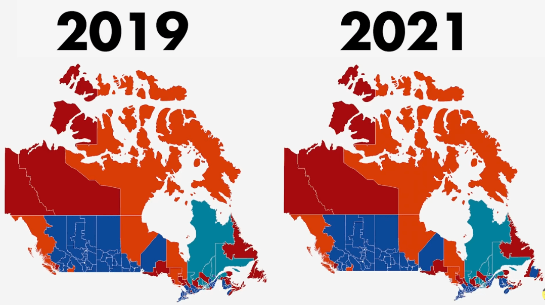 The reults of the 2021 Canadian election compared with thr 2019