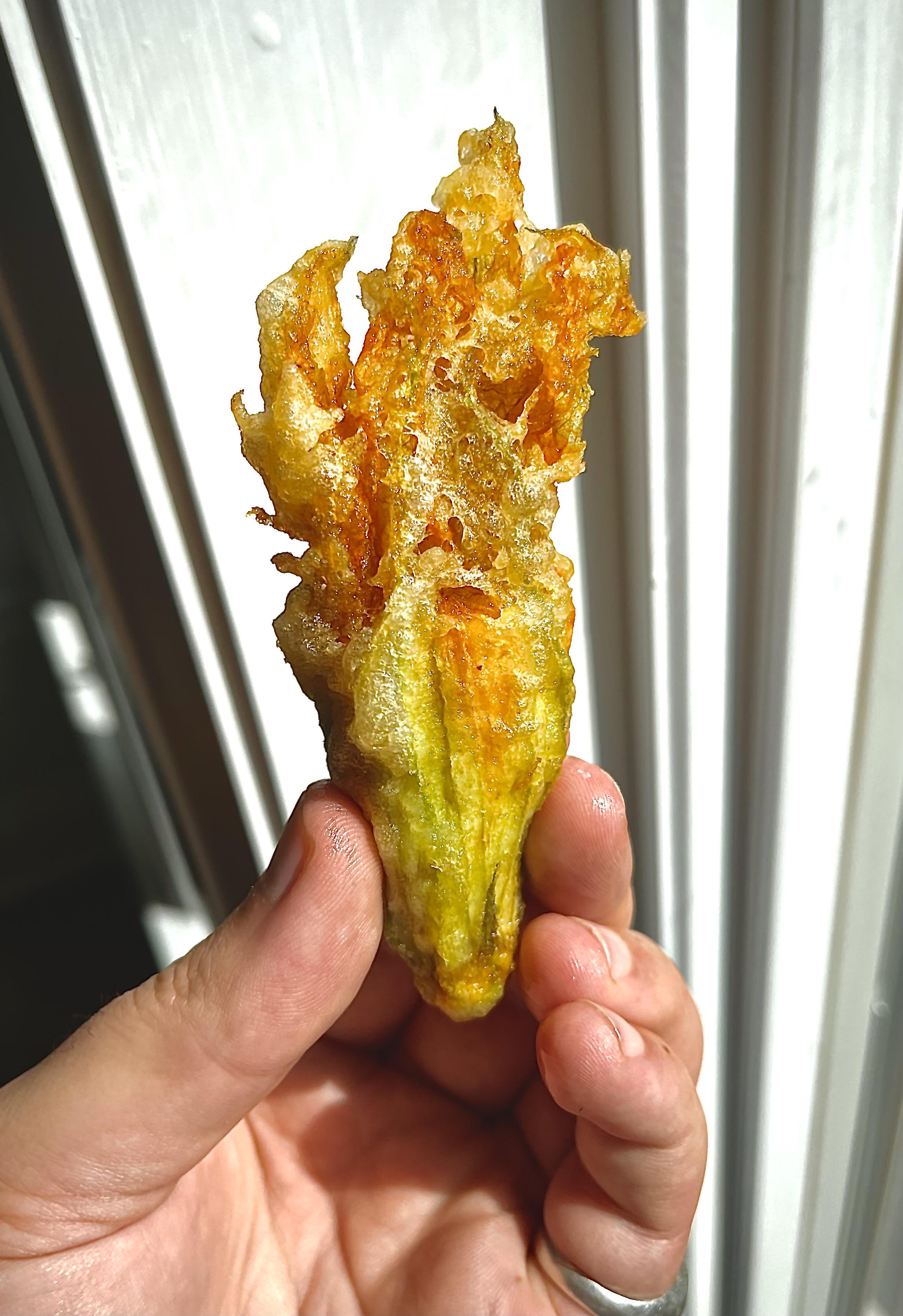 Stuffed Zucchini Blossom with truffle and Cheese Custard [OC] r/FoodPorn