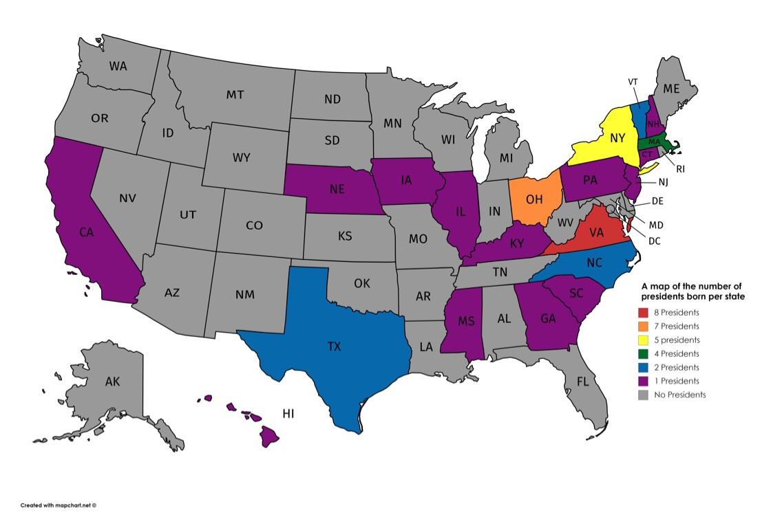 A map of the number of Presidents born per states. r/MapPorn