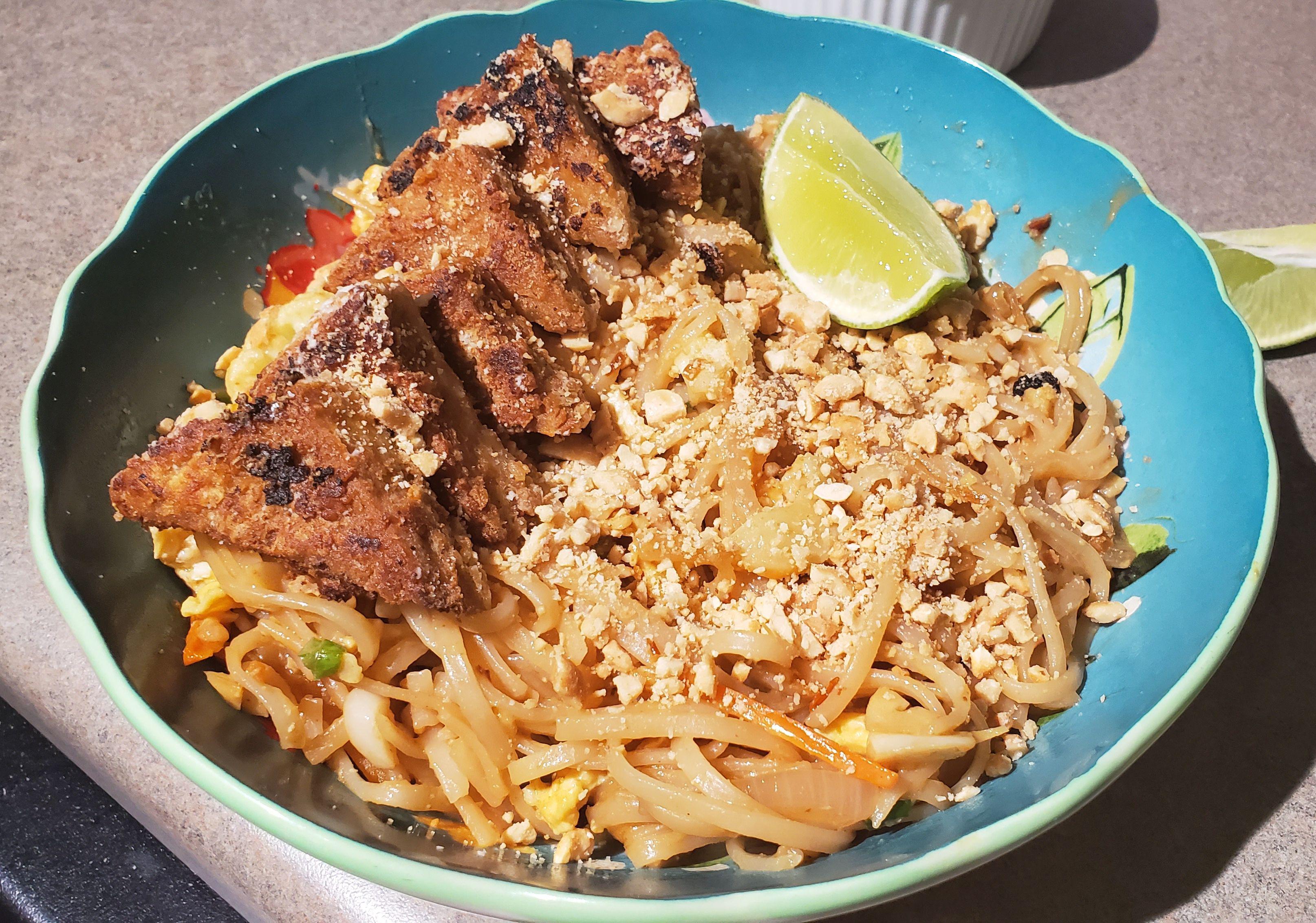 [I made] Pad Thai with crispy peanut tofu! Seriously one of the best
