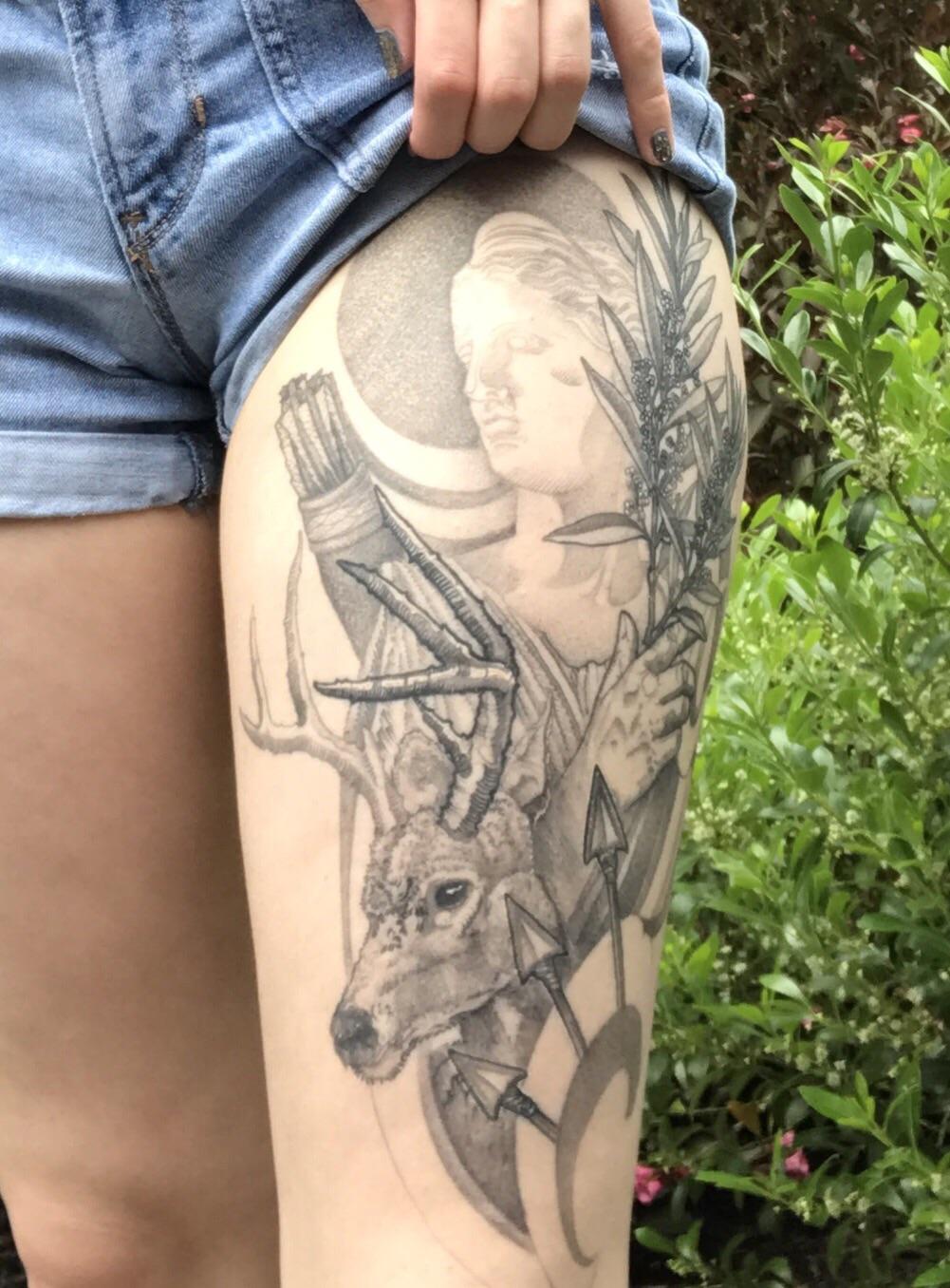 Artemis thigh piece by Andre Cheko at Route 9 Tattoos in