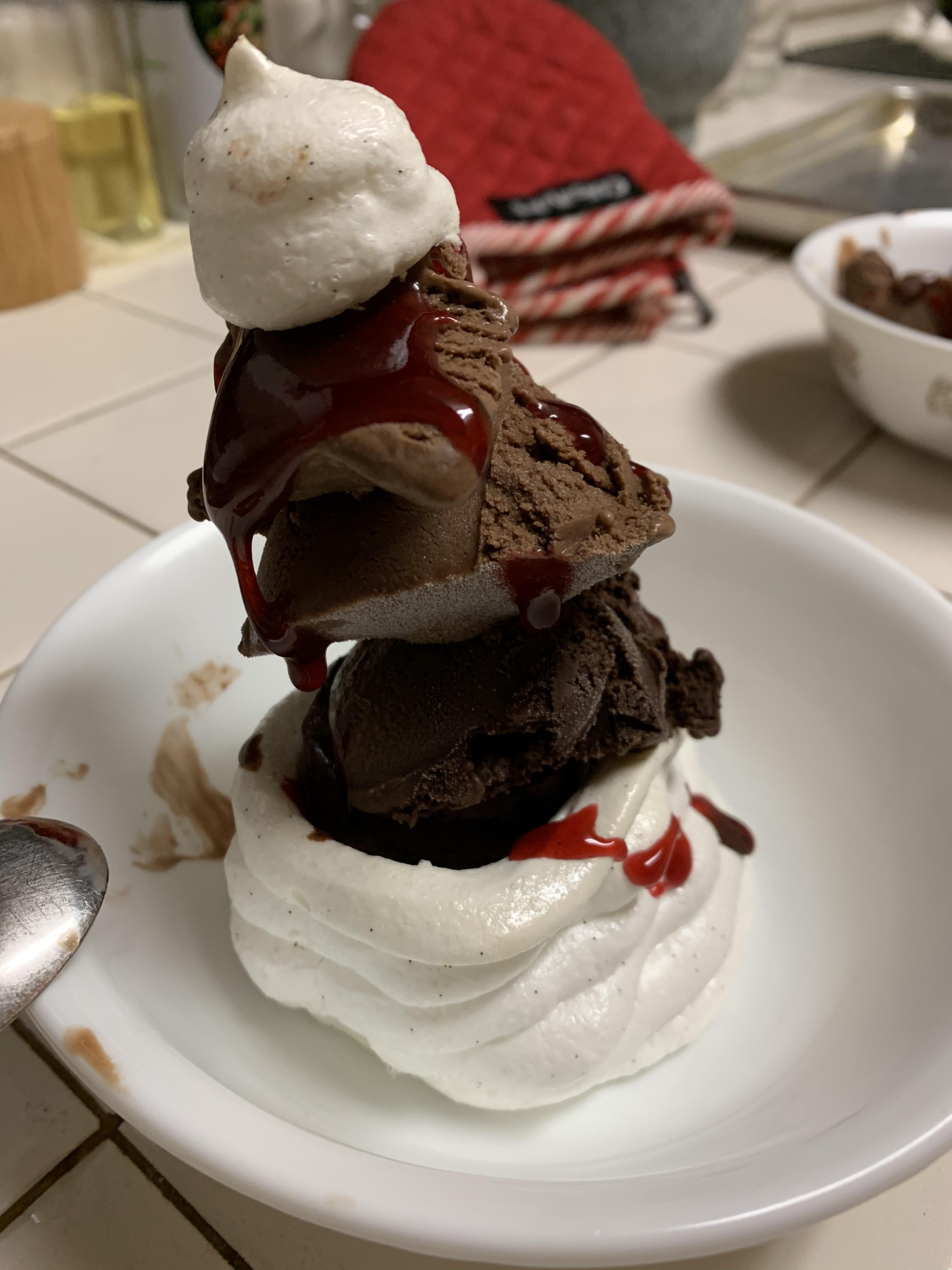 One scoop Darkest chocolate ice cream, one scoop milkiest chocolate ice