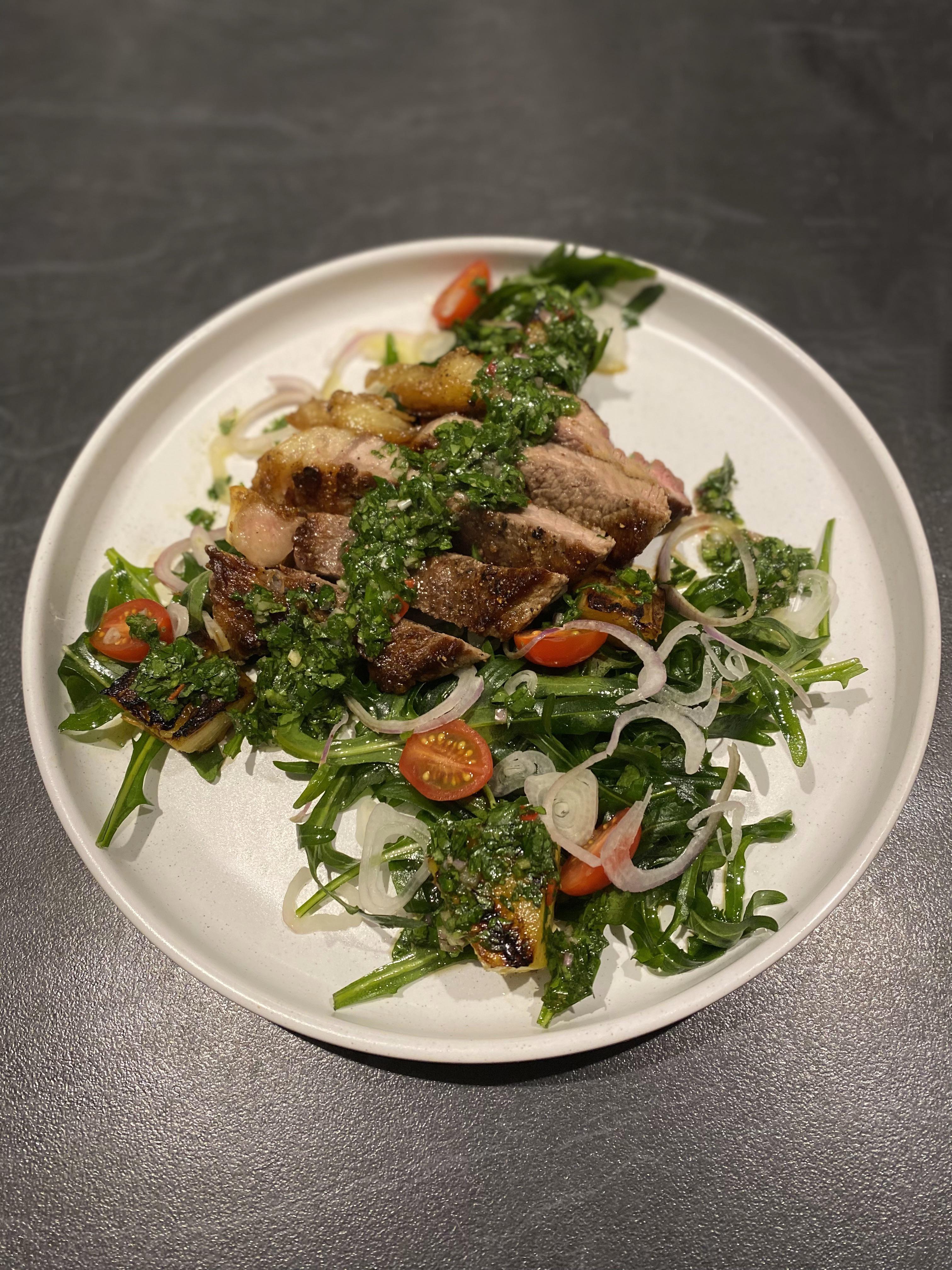 [Homemade] Porterhouse steak, with a rocket salad, grilled pineapple