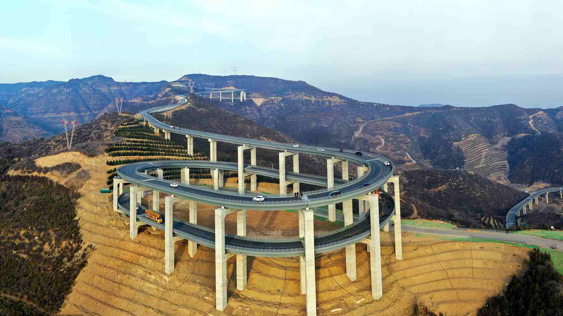 A threestory highway ramp on Tianlong Mountain, Shanxi Province, China