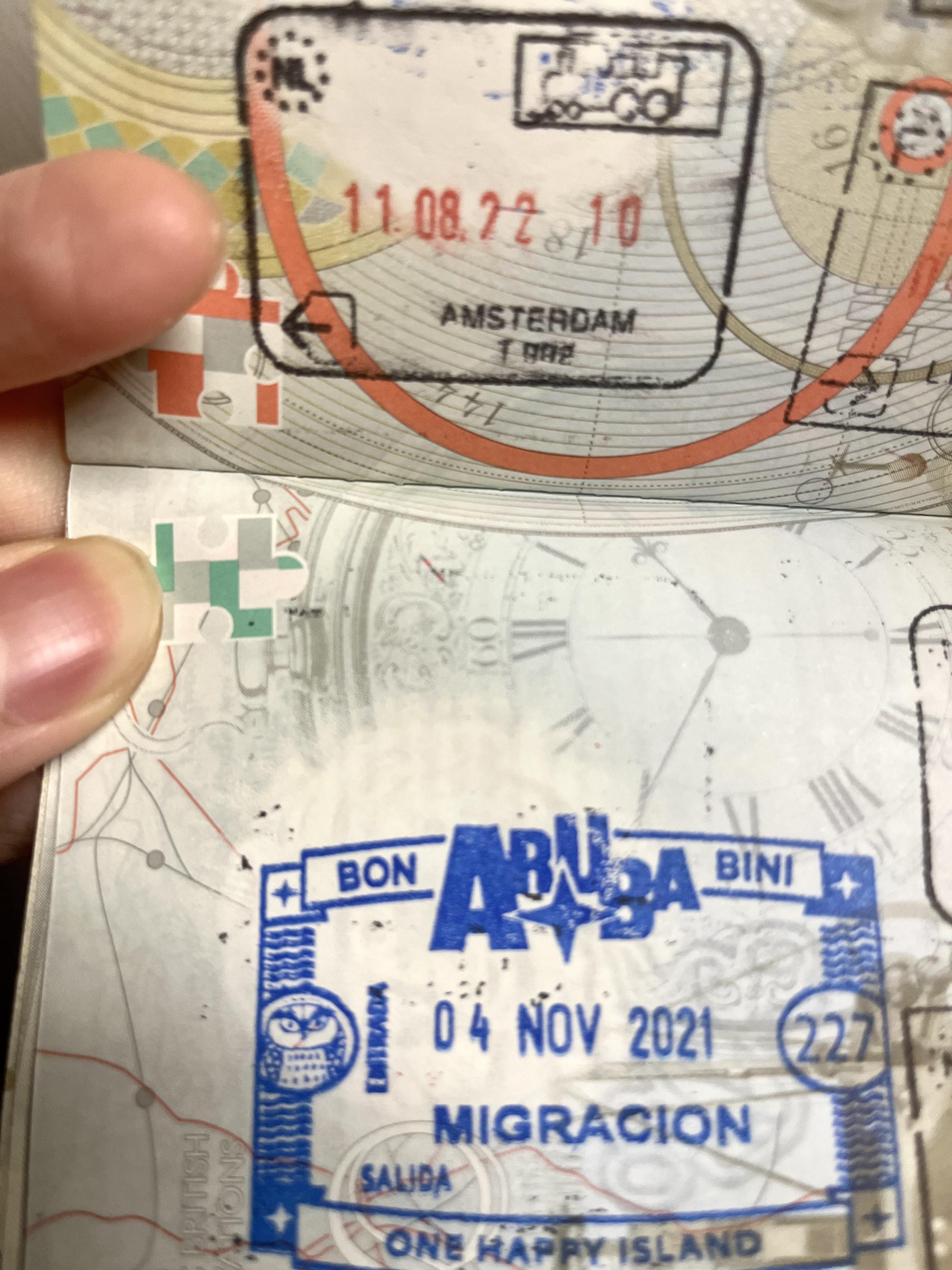 Cute Aruba stamp & Netherlands stamp (Eurostar) on my UK passport r