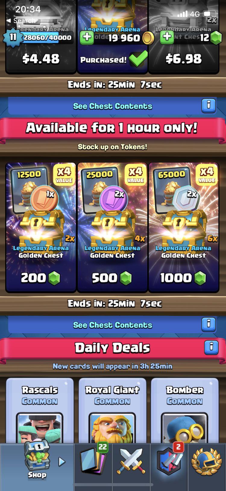 Six golden chests with 2 L tokens and 65000 coins? Wow! Wait, 1000 gems