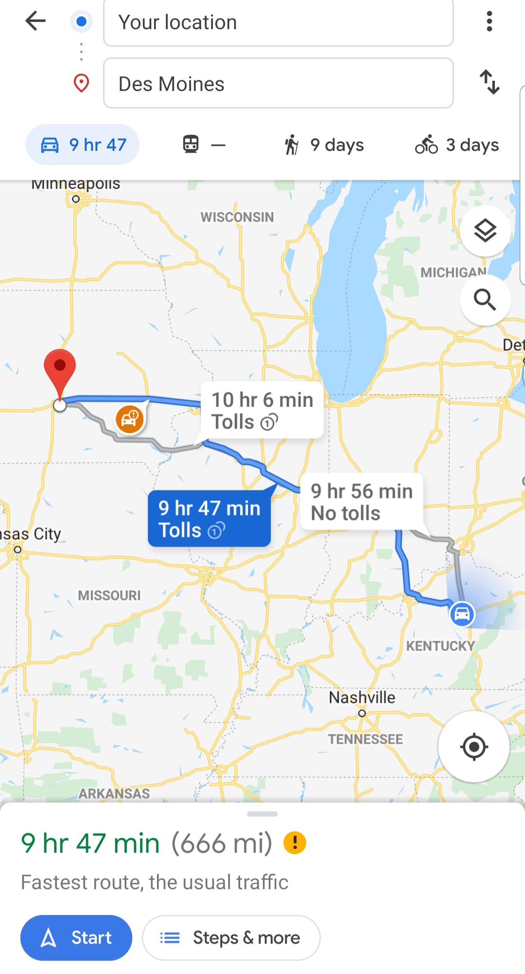 I was curious to see how many miles it would take to get to Des Moines