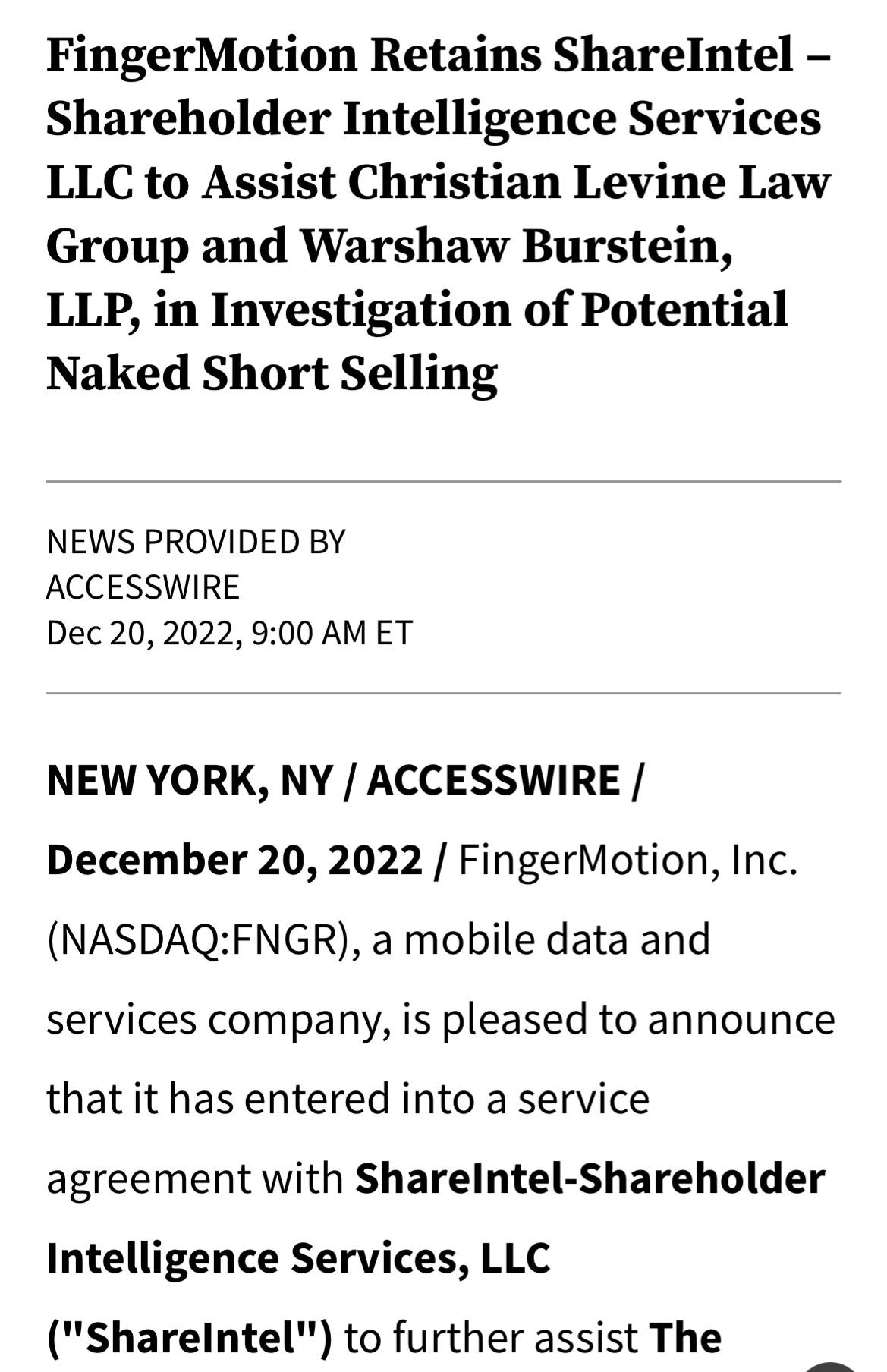 FingerMotion Retains Sharentel Shareholder Intelligence Services LLC