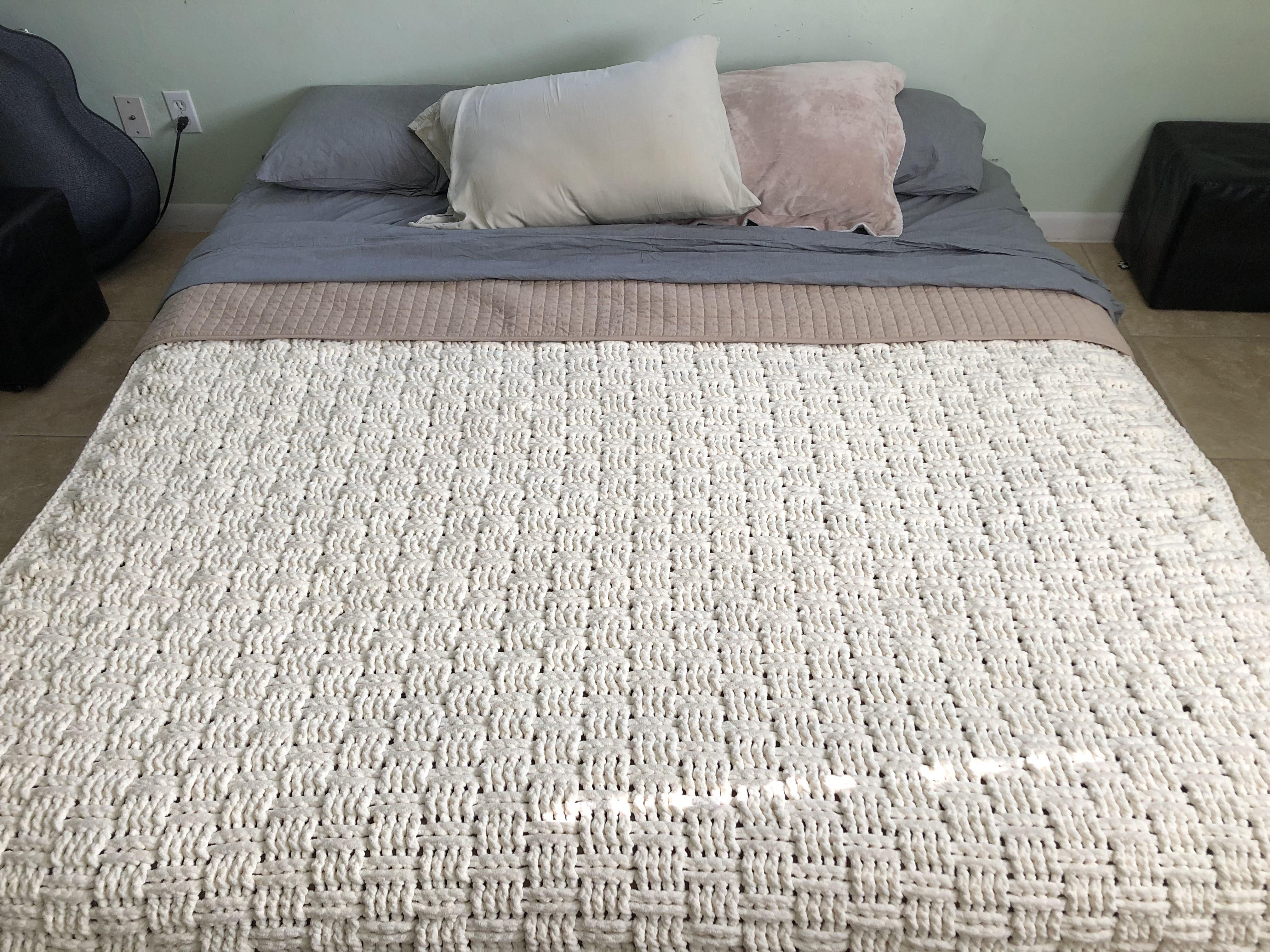 My New blankie. Made with bernat blanket big ball yarn in basket stitch