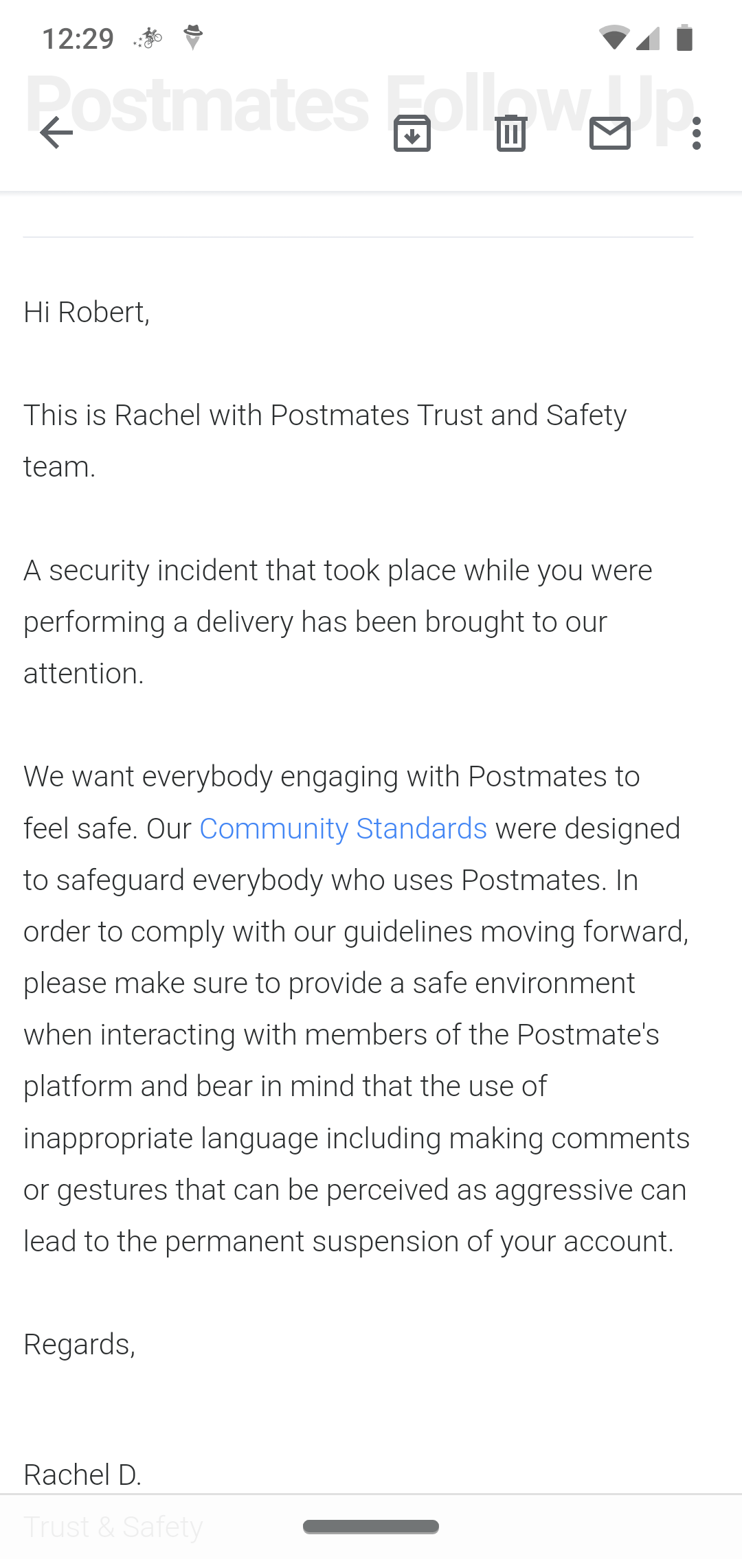 Just got a vague threatening email from Postmates r/postmates