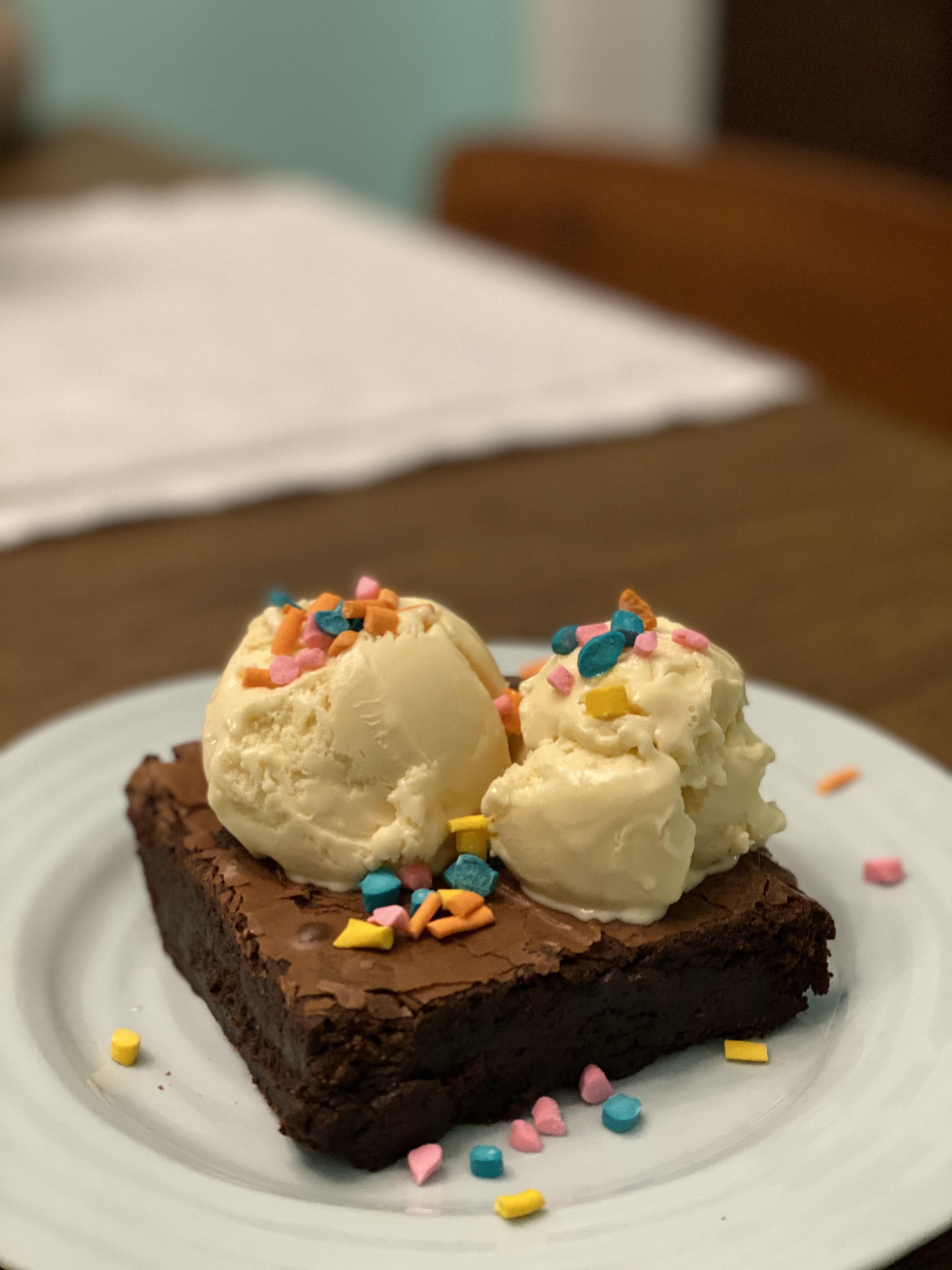 Bravetart brownie with cream cheese ice cream and sprinkles seriouseats