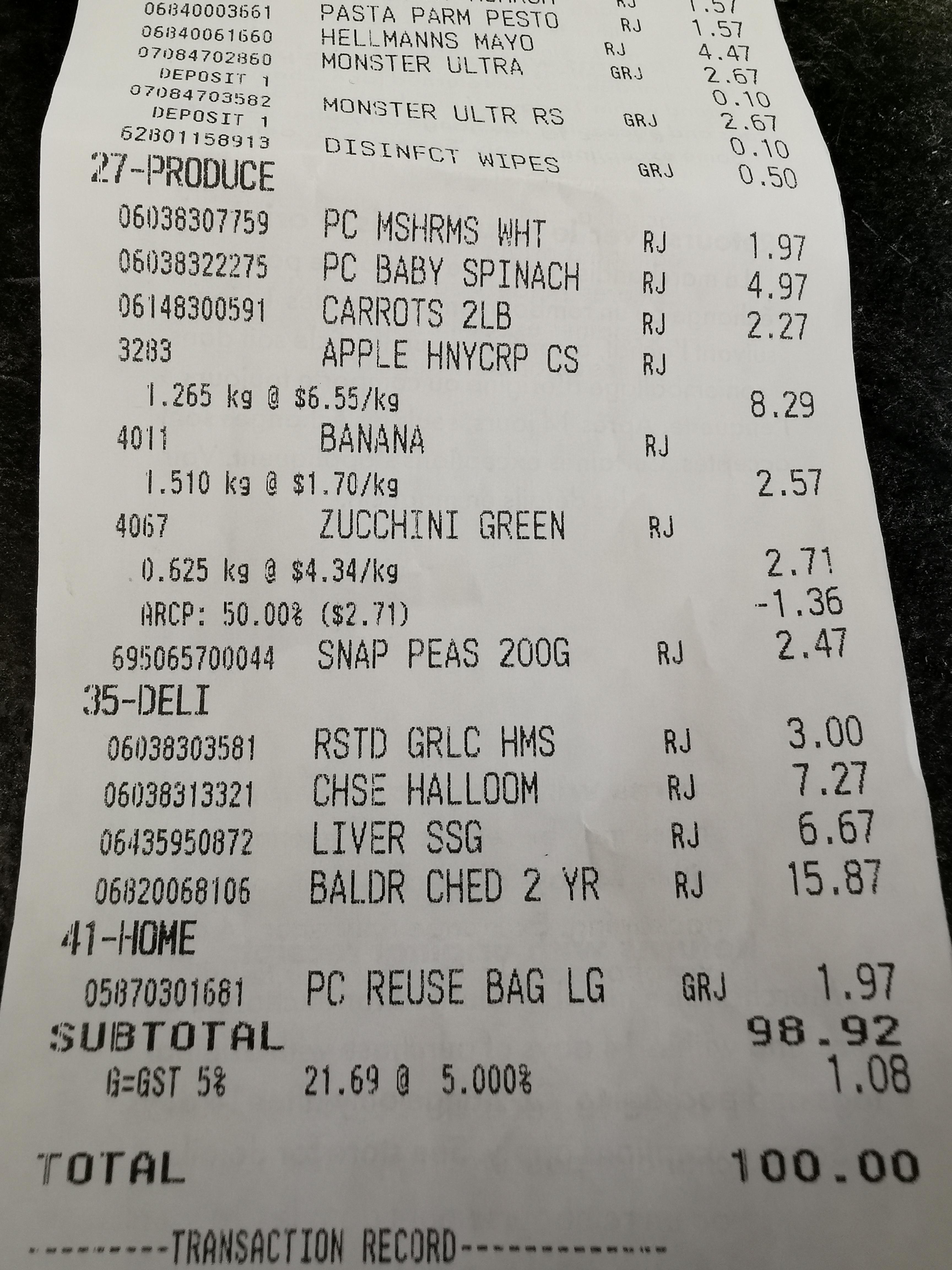 My grocery bill was exactly 100.00 dollars after taxes r/oddlysatisfying