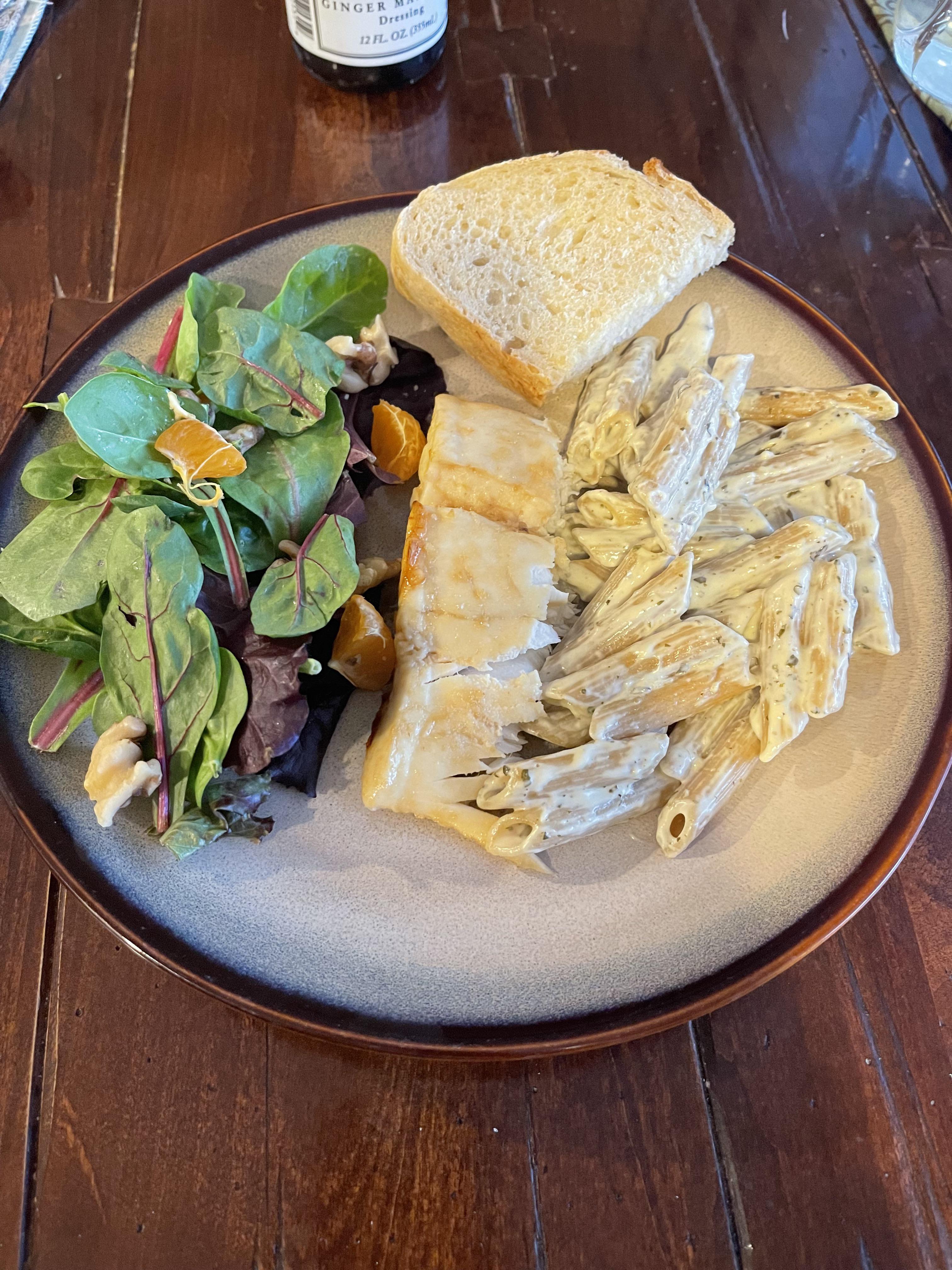[homemade] Halibut with a garlic honey lemon reduction, basil alfredo