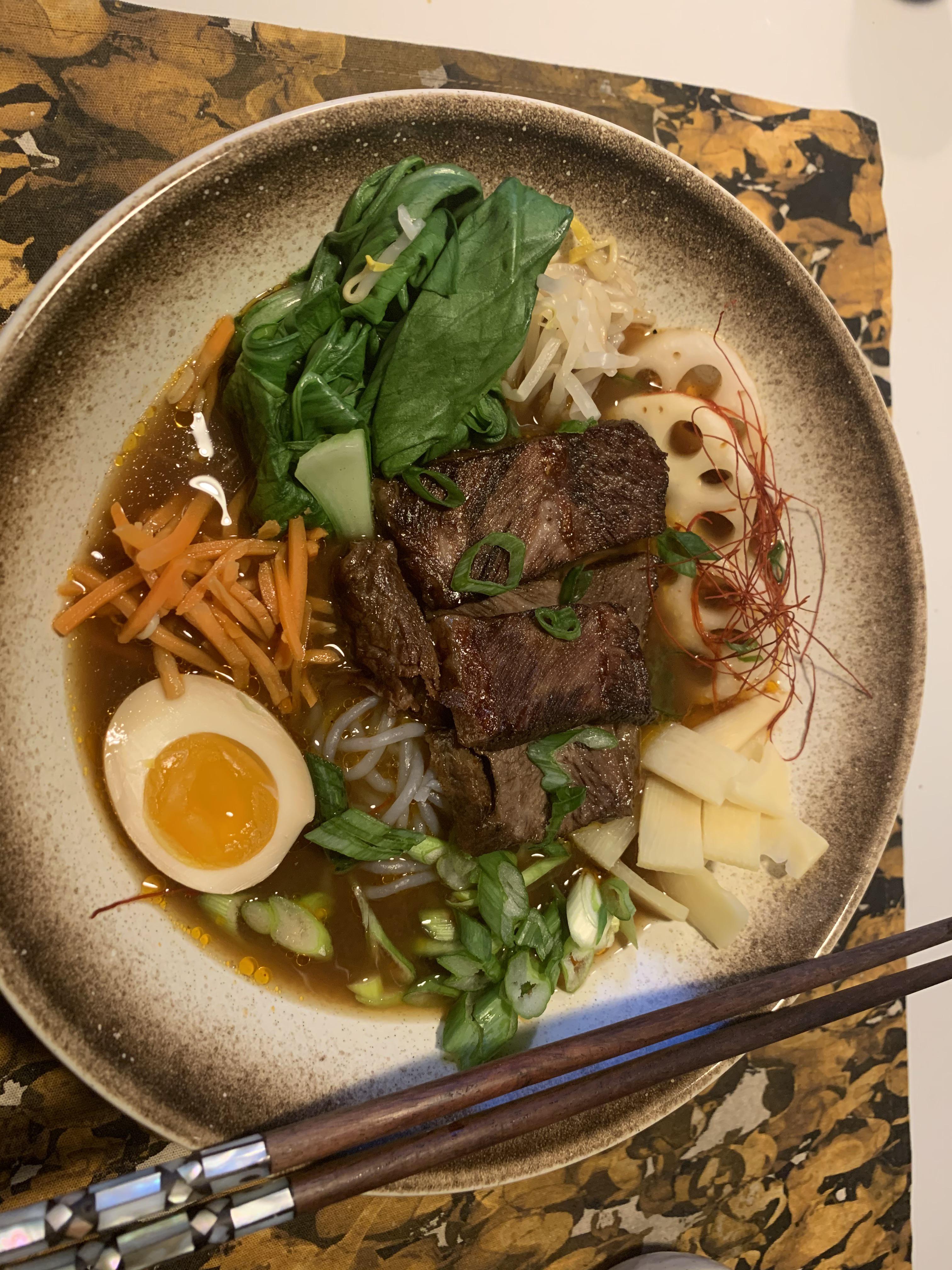 I made beef broth ramen. Braised short rib, and a black garlic miso