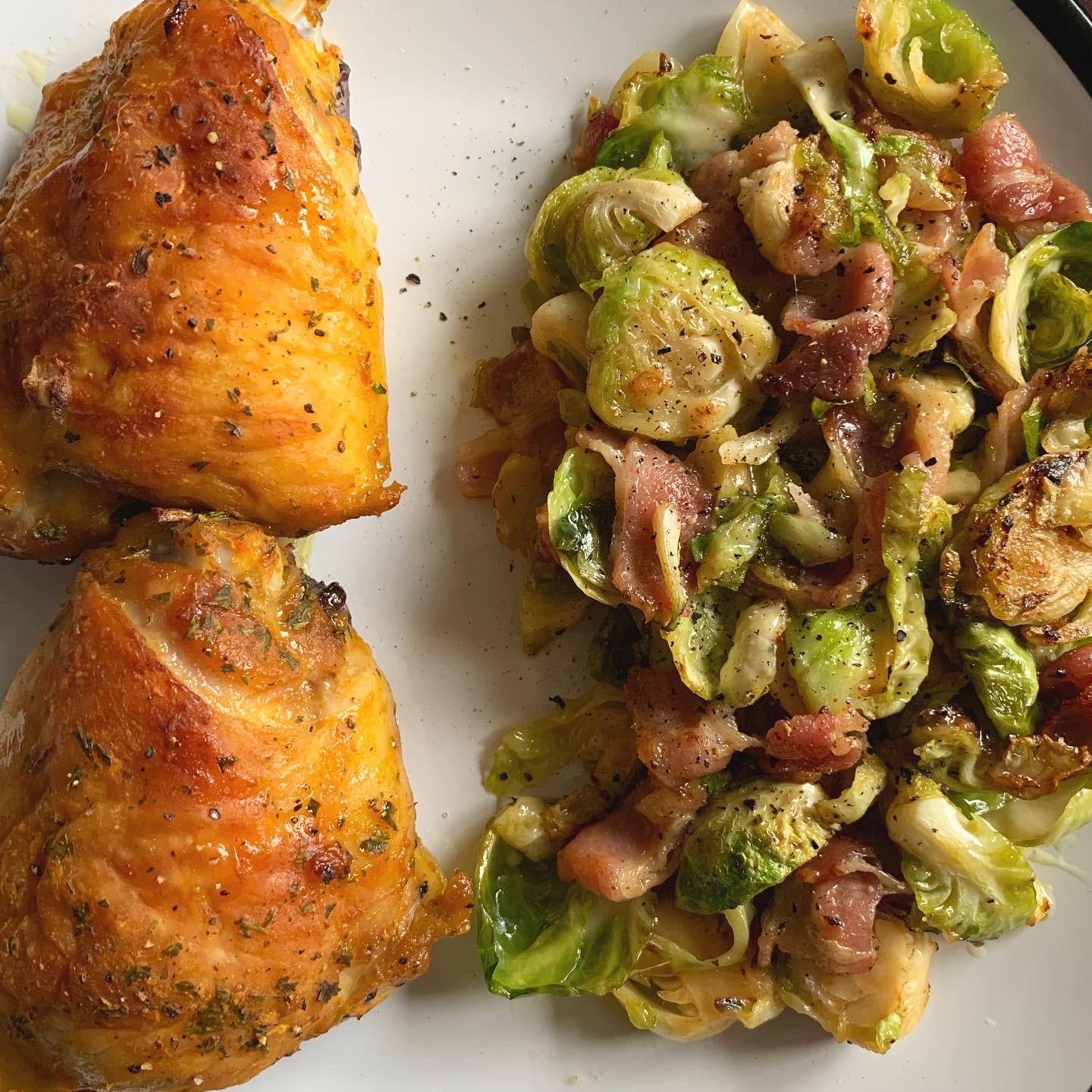 Chicken thighs and Brussel sprouts! Fried the sprouts in butter with