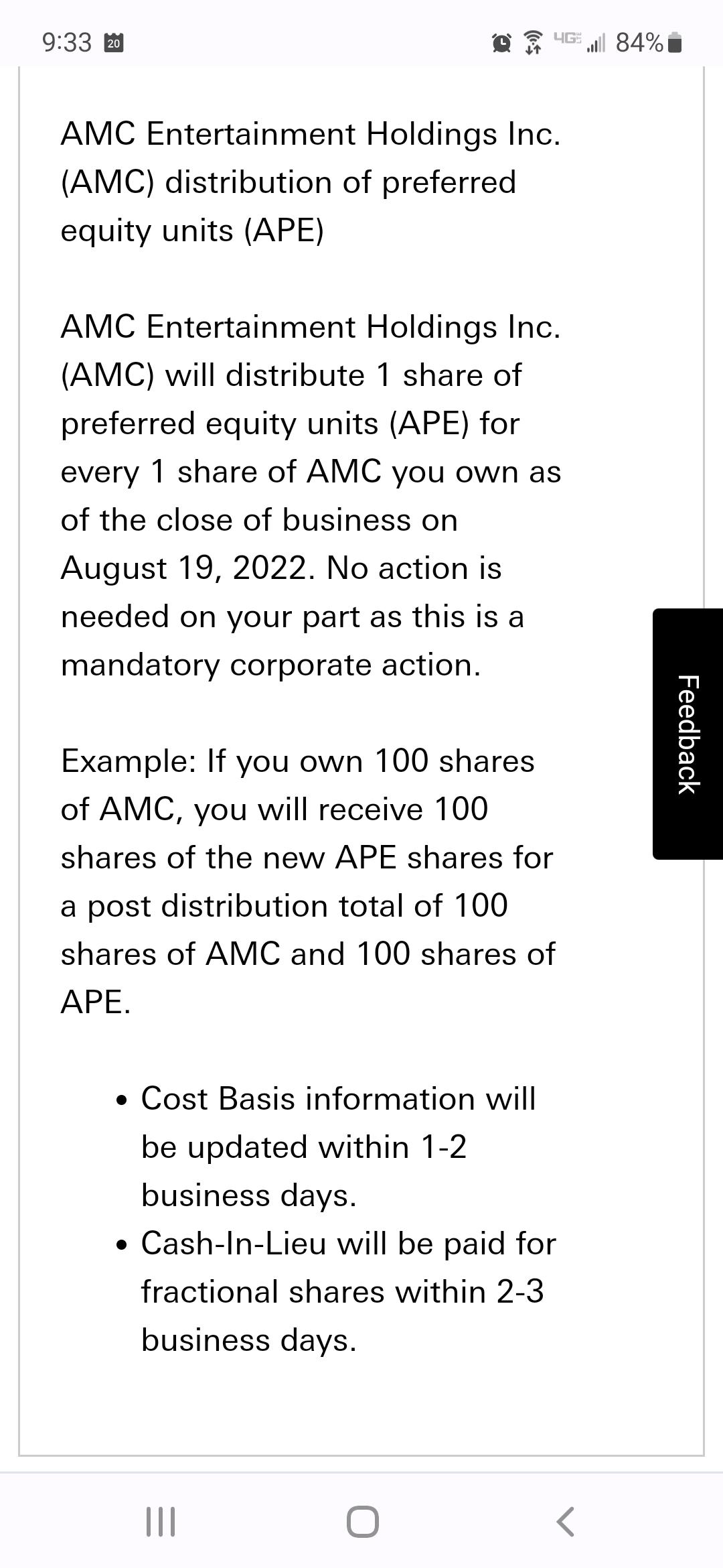 Vanguard says 12 business days to reflect APE. Cash equivalent for