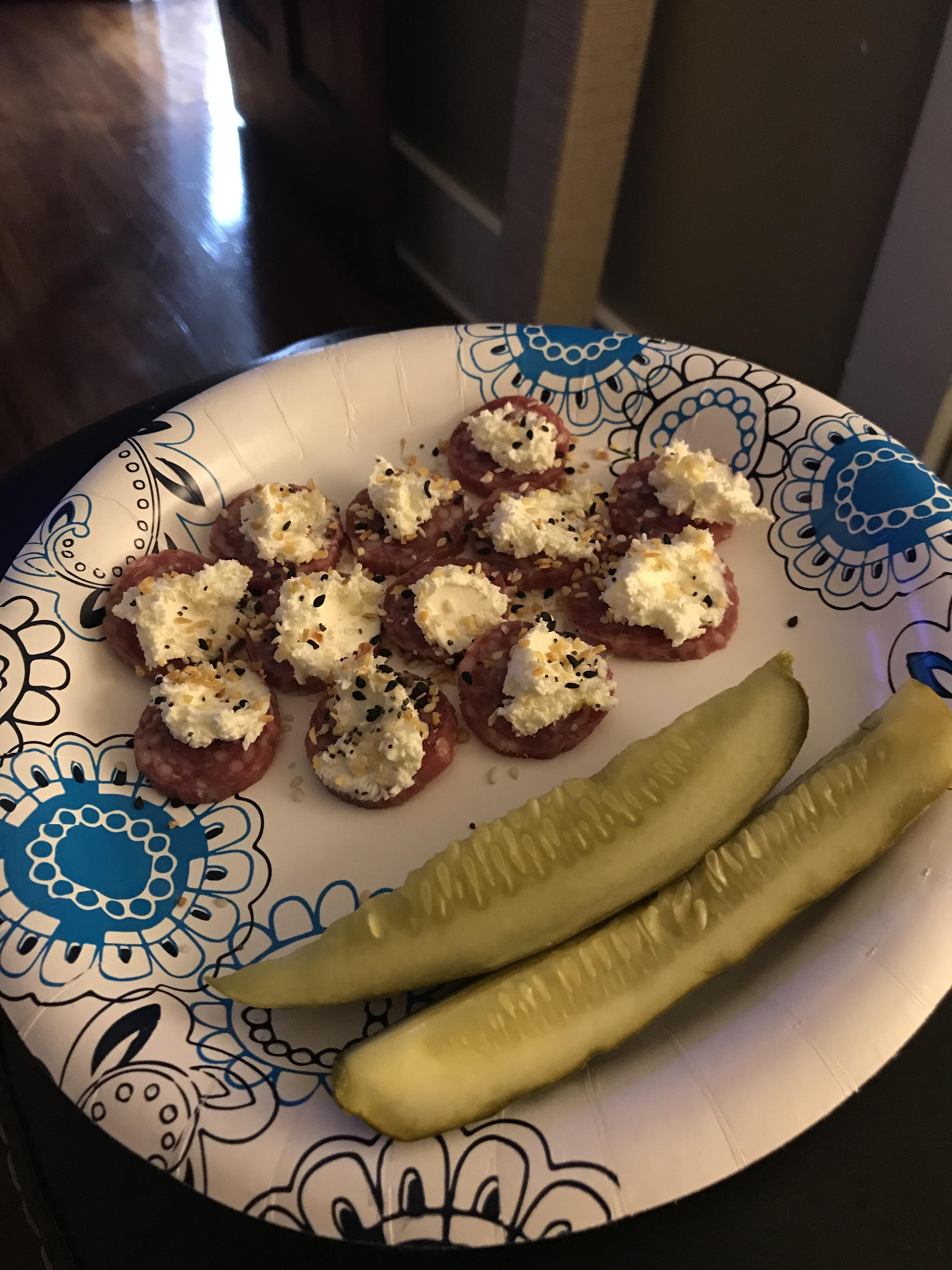 Salami bites with whipped cream cheese and everything but the bagel