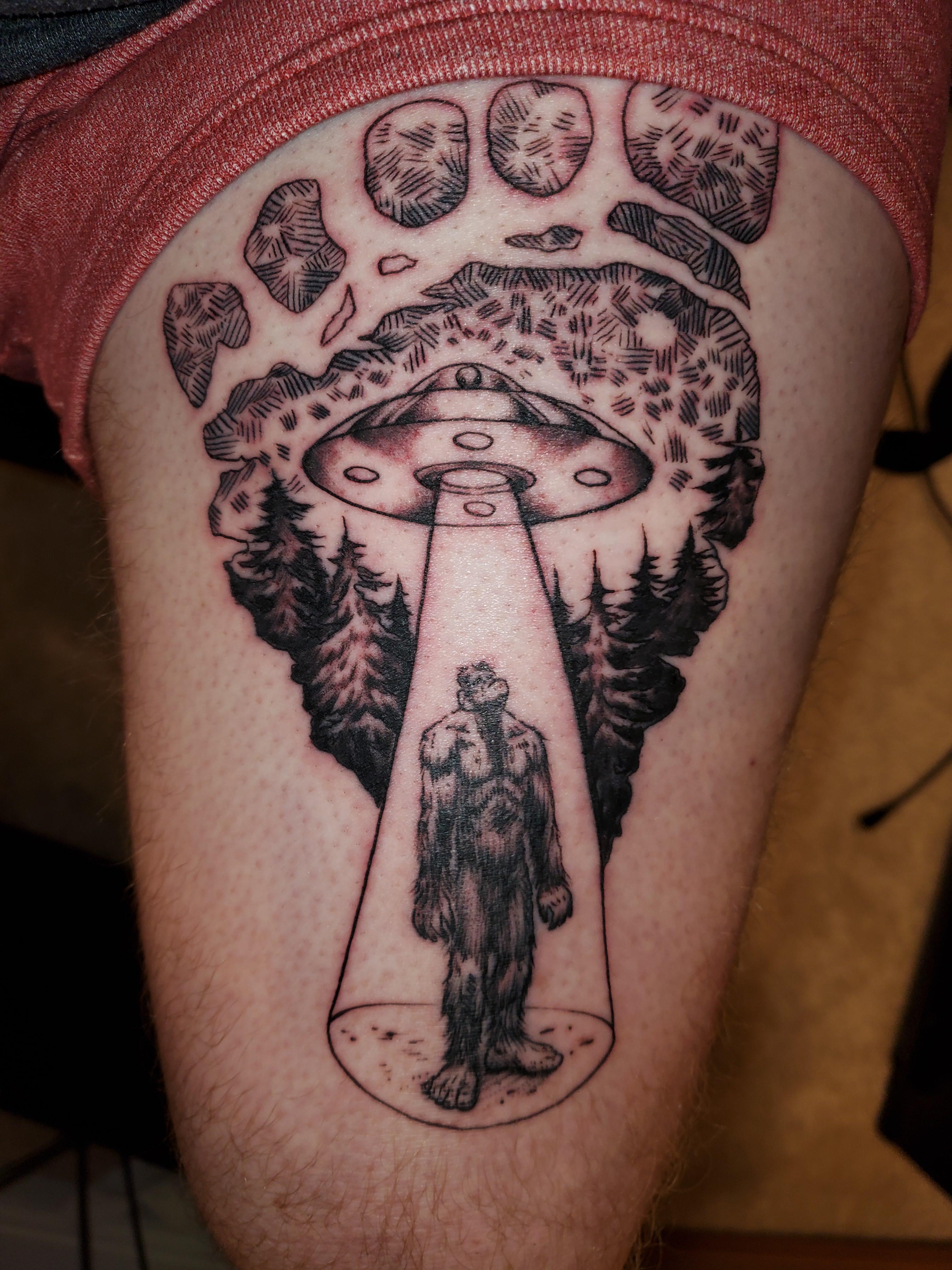 Sasquatch Abduction by Thor at EngineerInk Tattoo & Body Piercing in