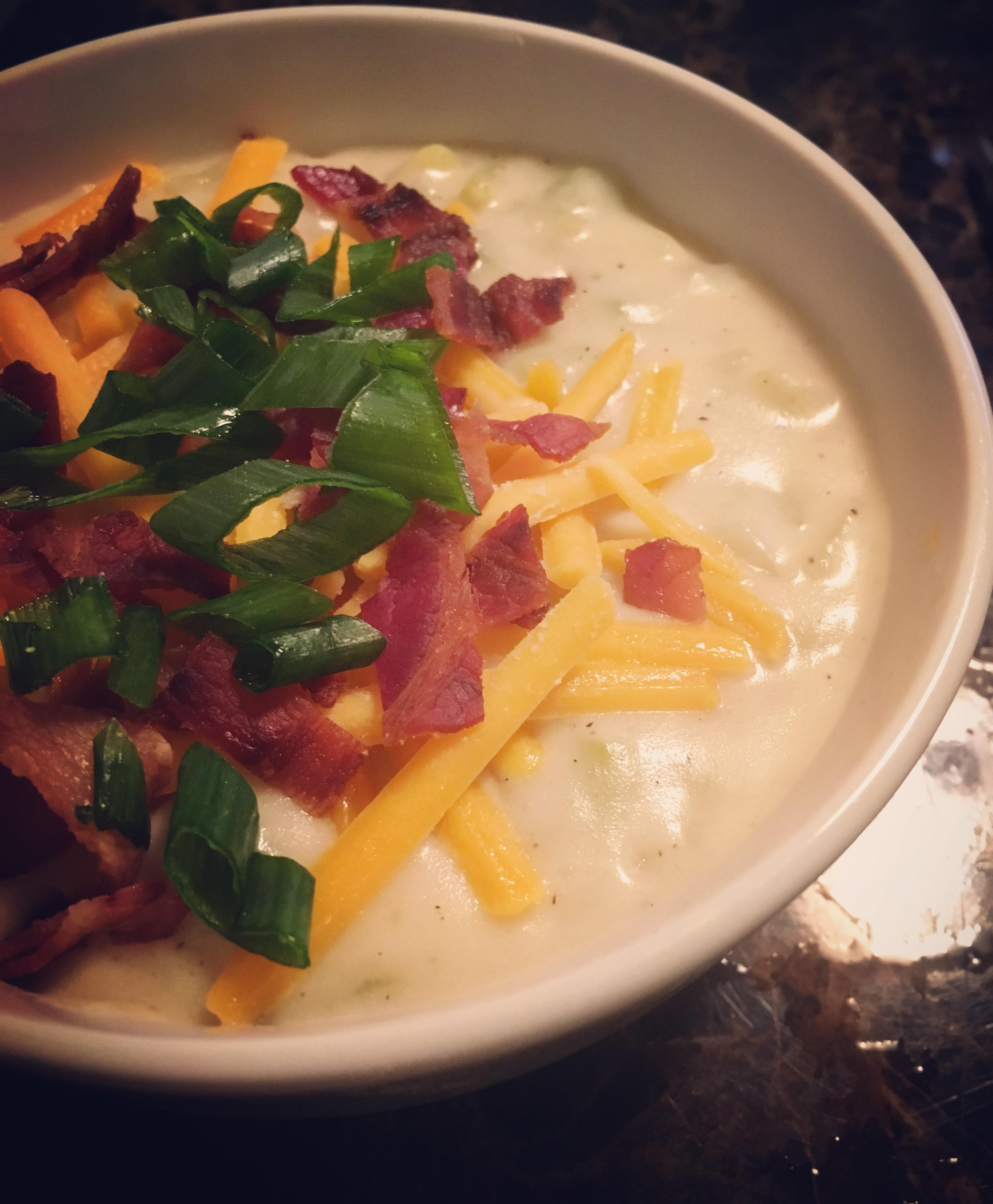 I made baked potato soup with cheddar cheese, bacon crumbles and fresh