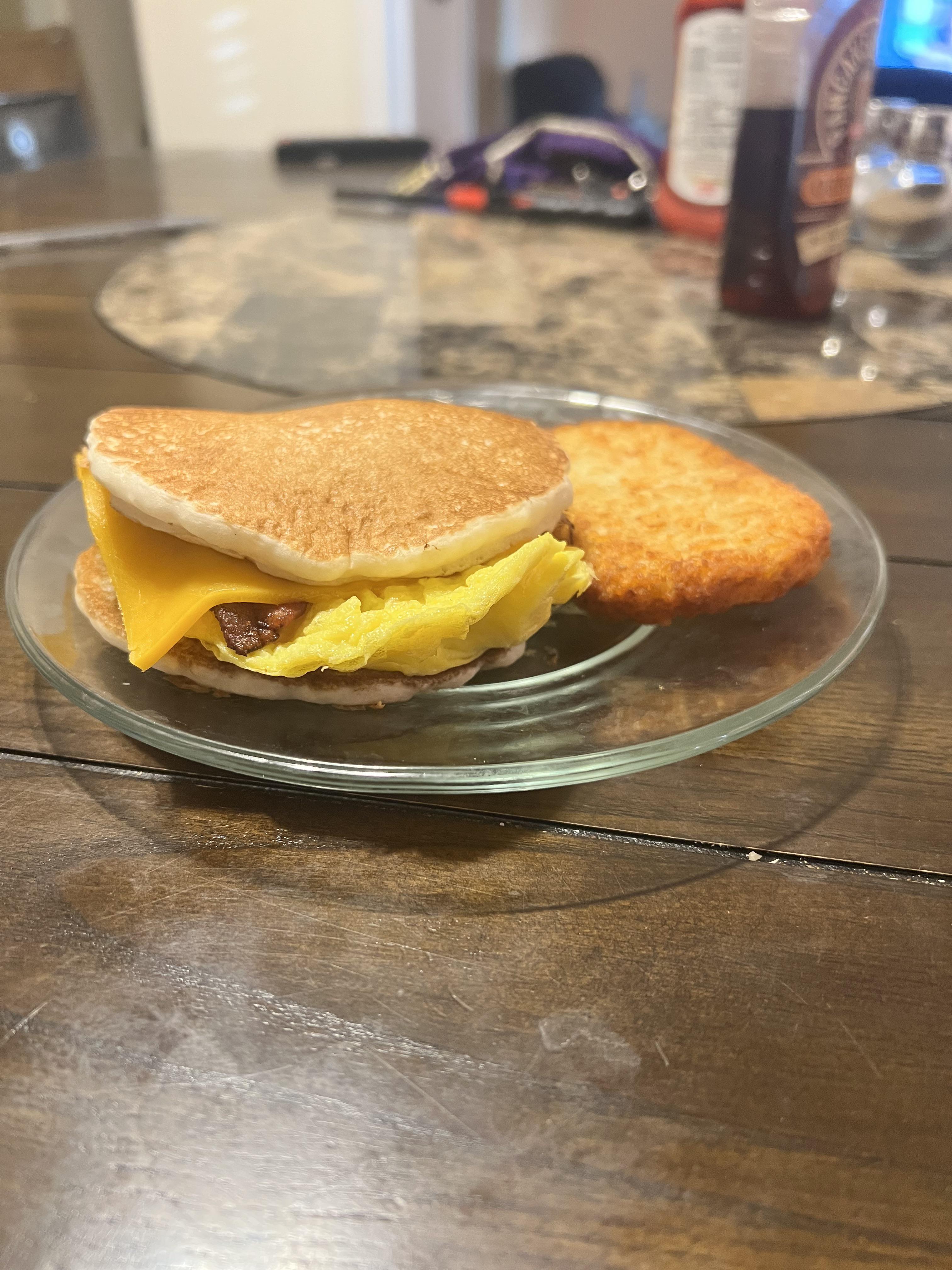 [homemade] bacon egg and cheese pancake sandwich with hash brown. r/food