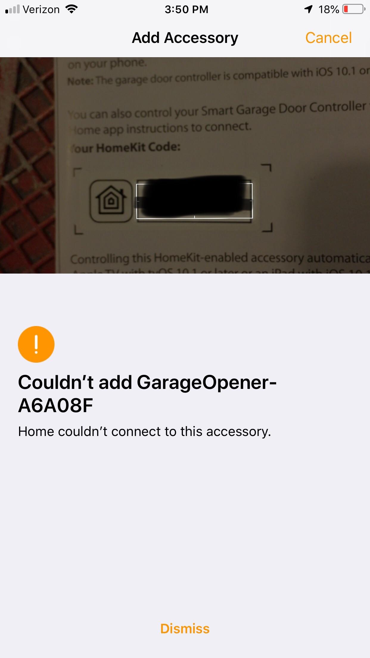 Trouble with Insignia Garage Door Opener Home app sees it, but can’t