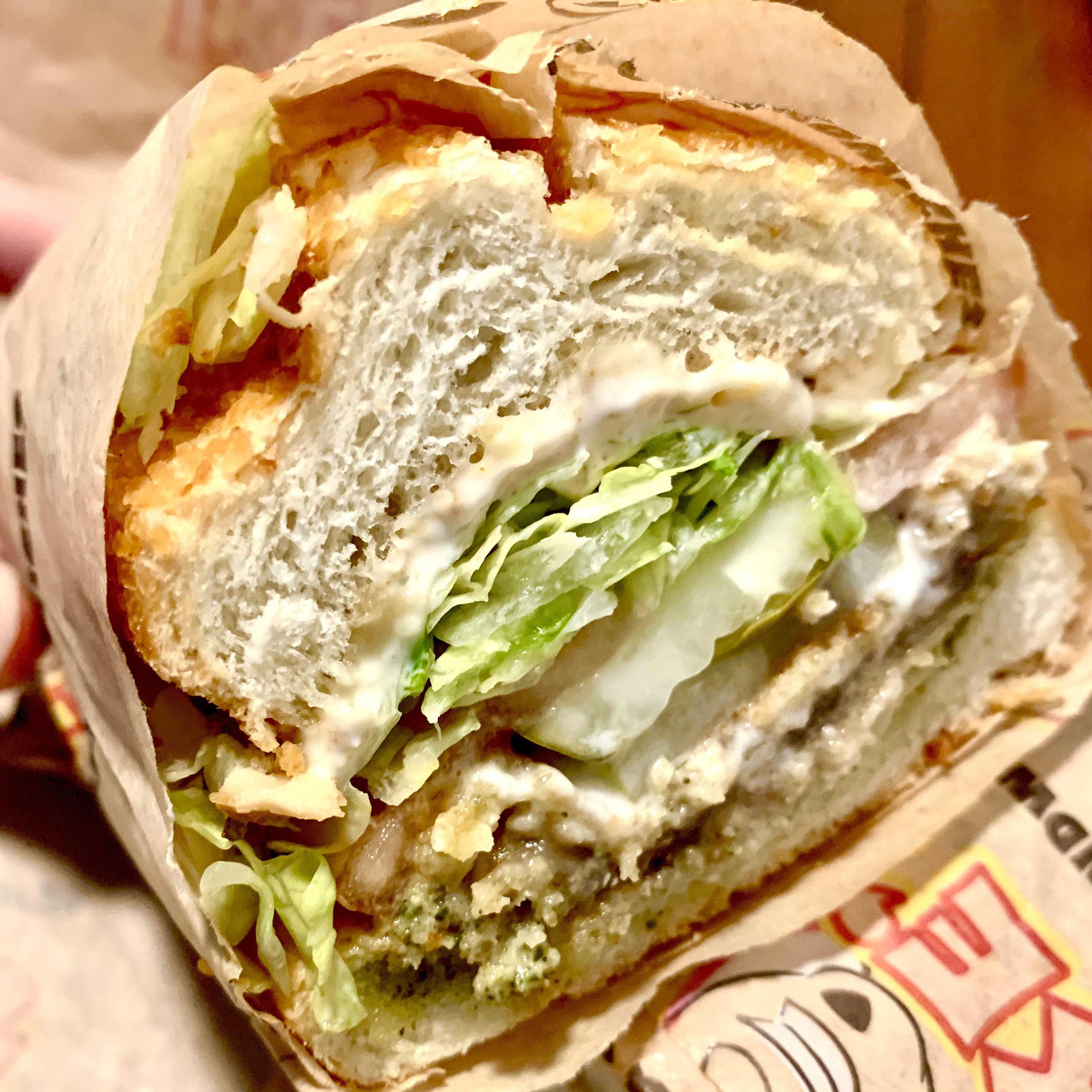 The Steve Jobs from Ike's breaded eggplant, pesto, provolone, pickles