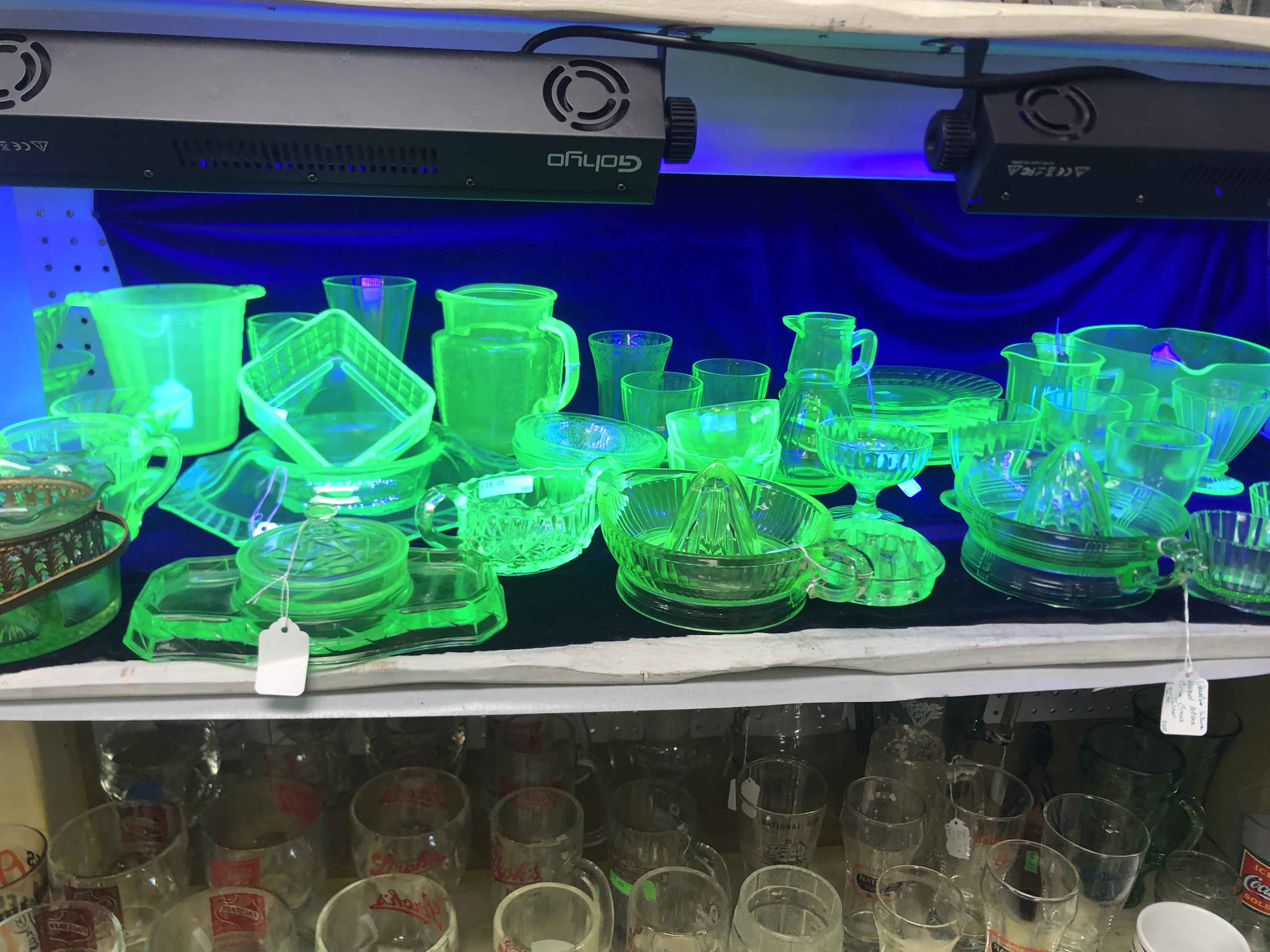 Uranium glass display at local antique store r/uraniumglass