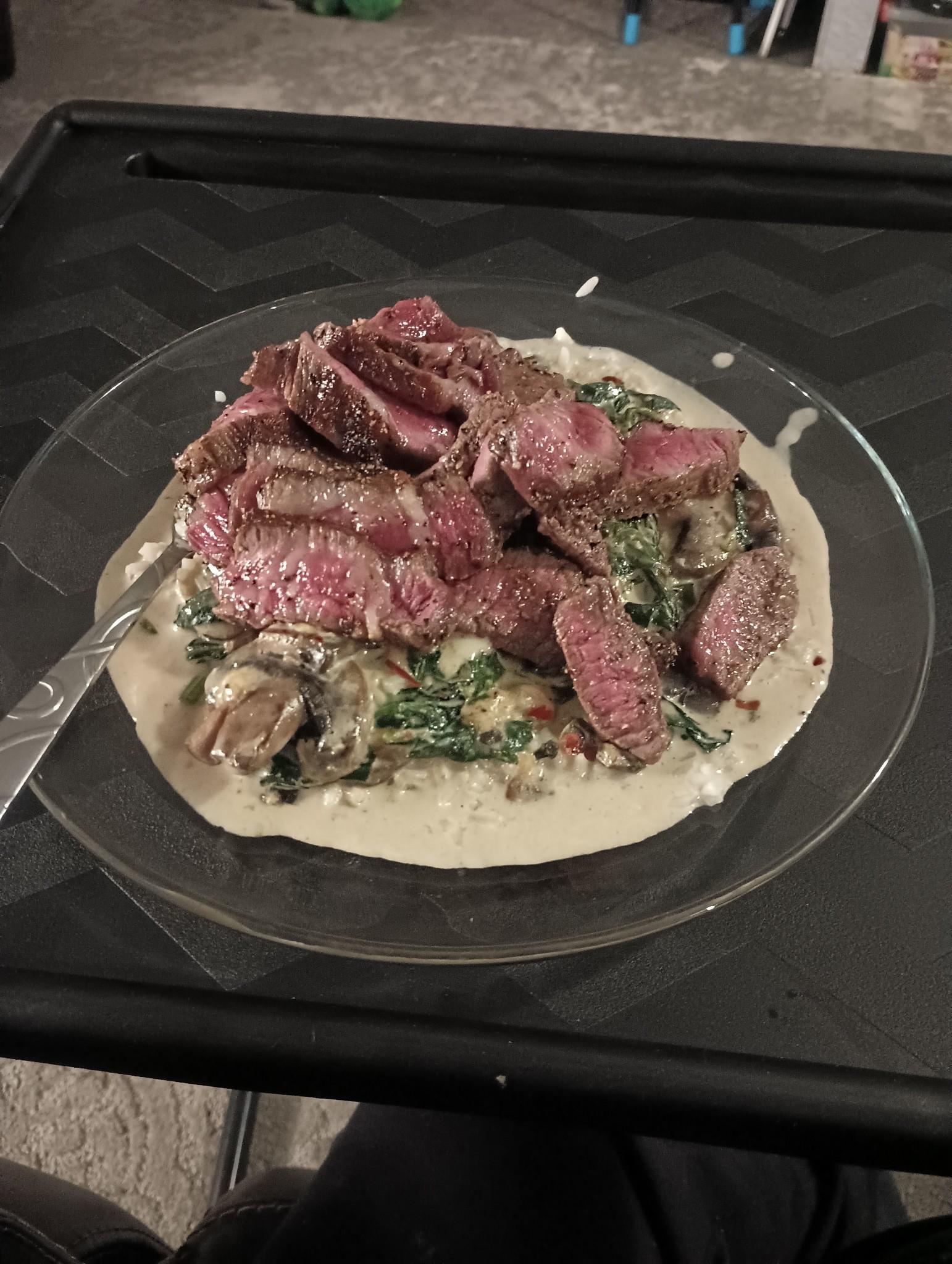 American wagyu on mushroom spinach cream sauce r/steak