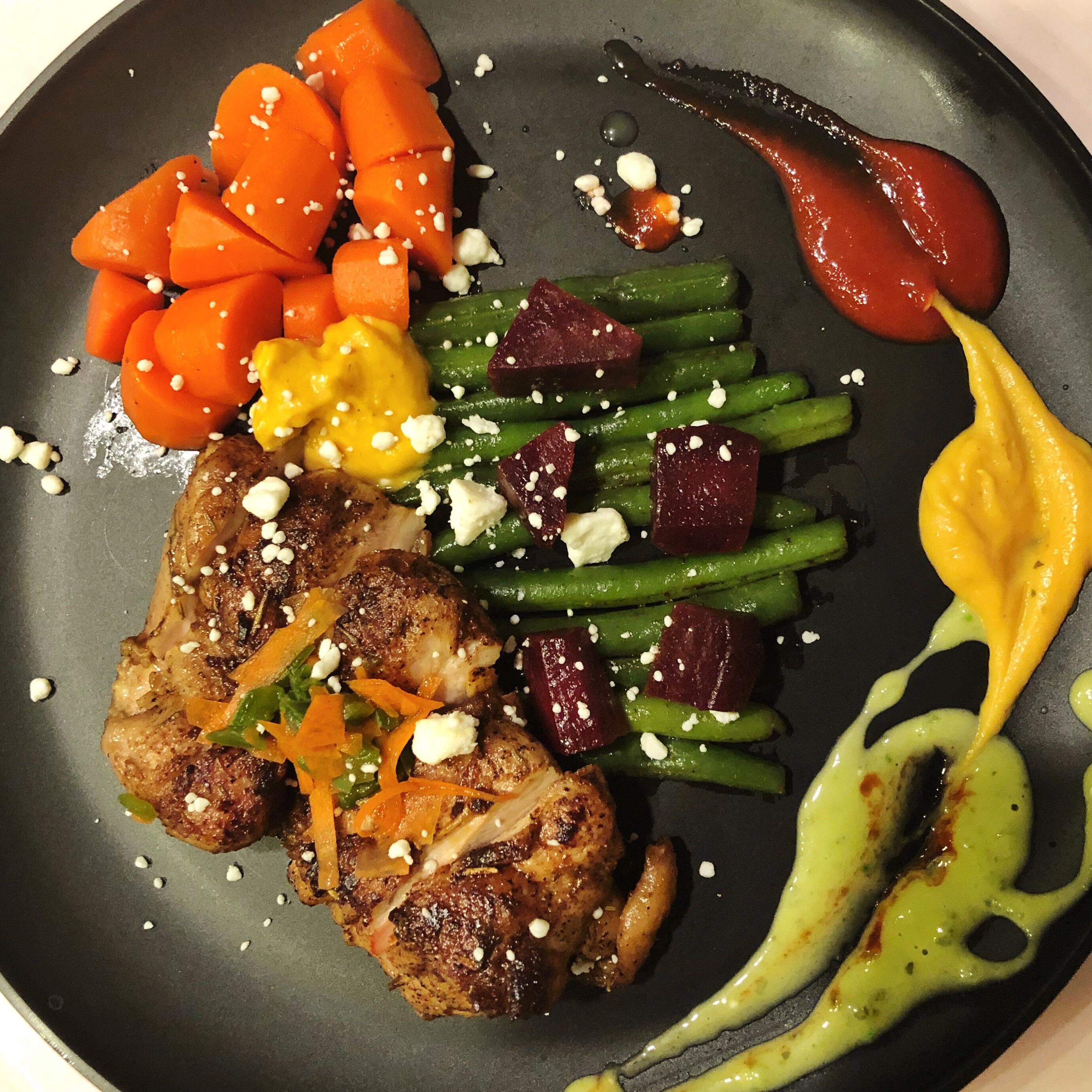 [homemade] Espresso crusted chicken, blanched carrots & beets, flash