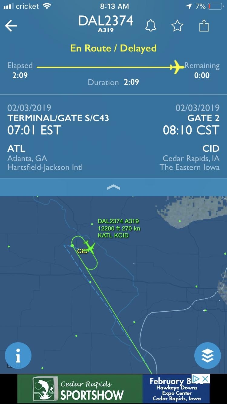 Watching flights attempt to land at Cedar Rapids in intense fog r/flying