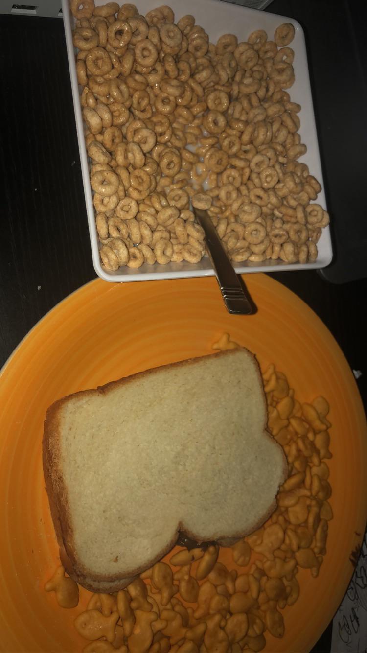 apple cinnamon cheerios + nutella sandwich + goldfish for late night