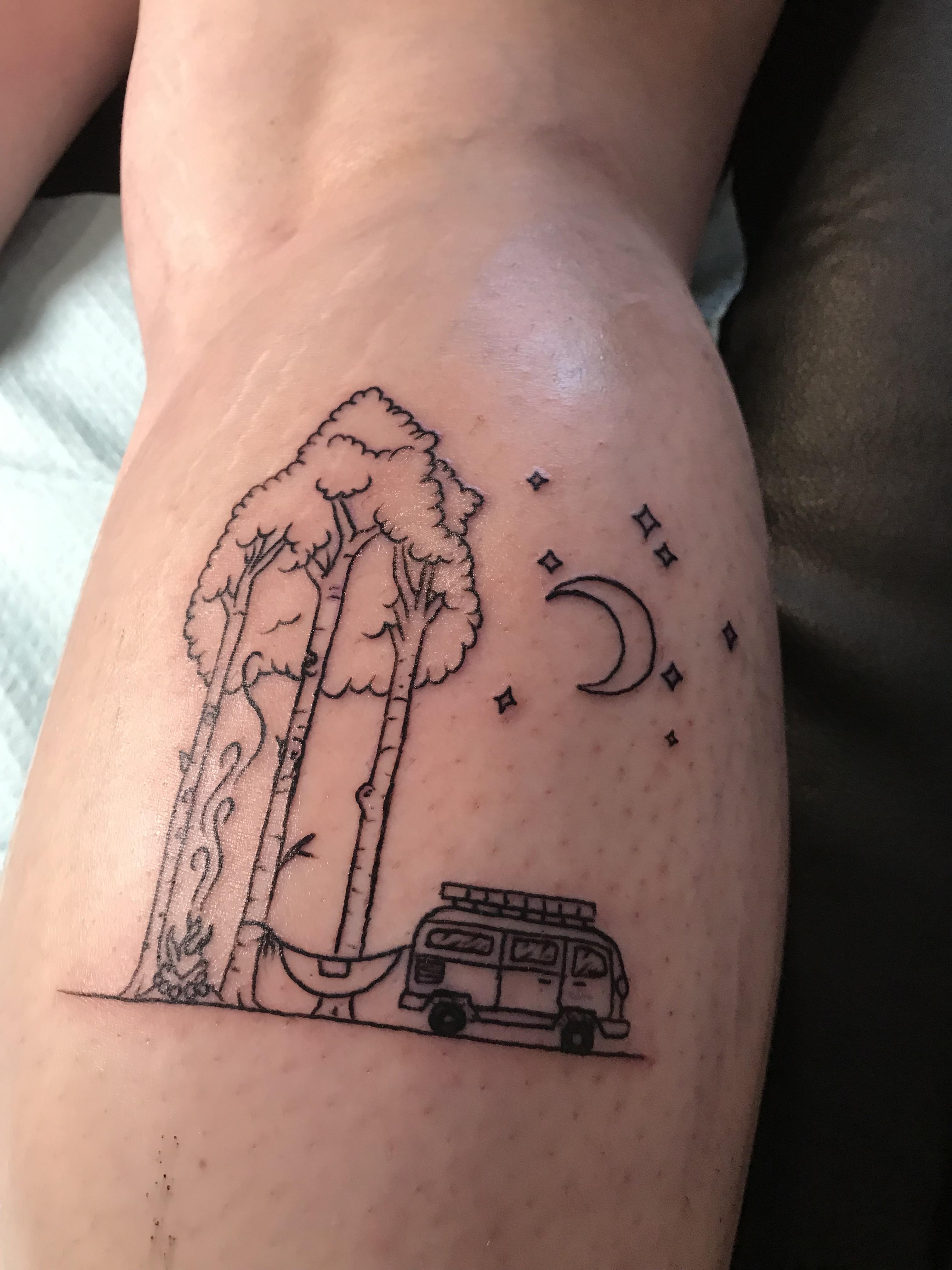 My first tattoo, a homage to my love of hiking, hammocking, and VW