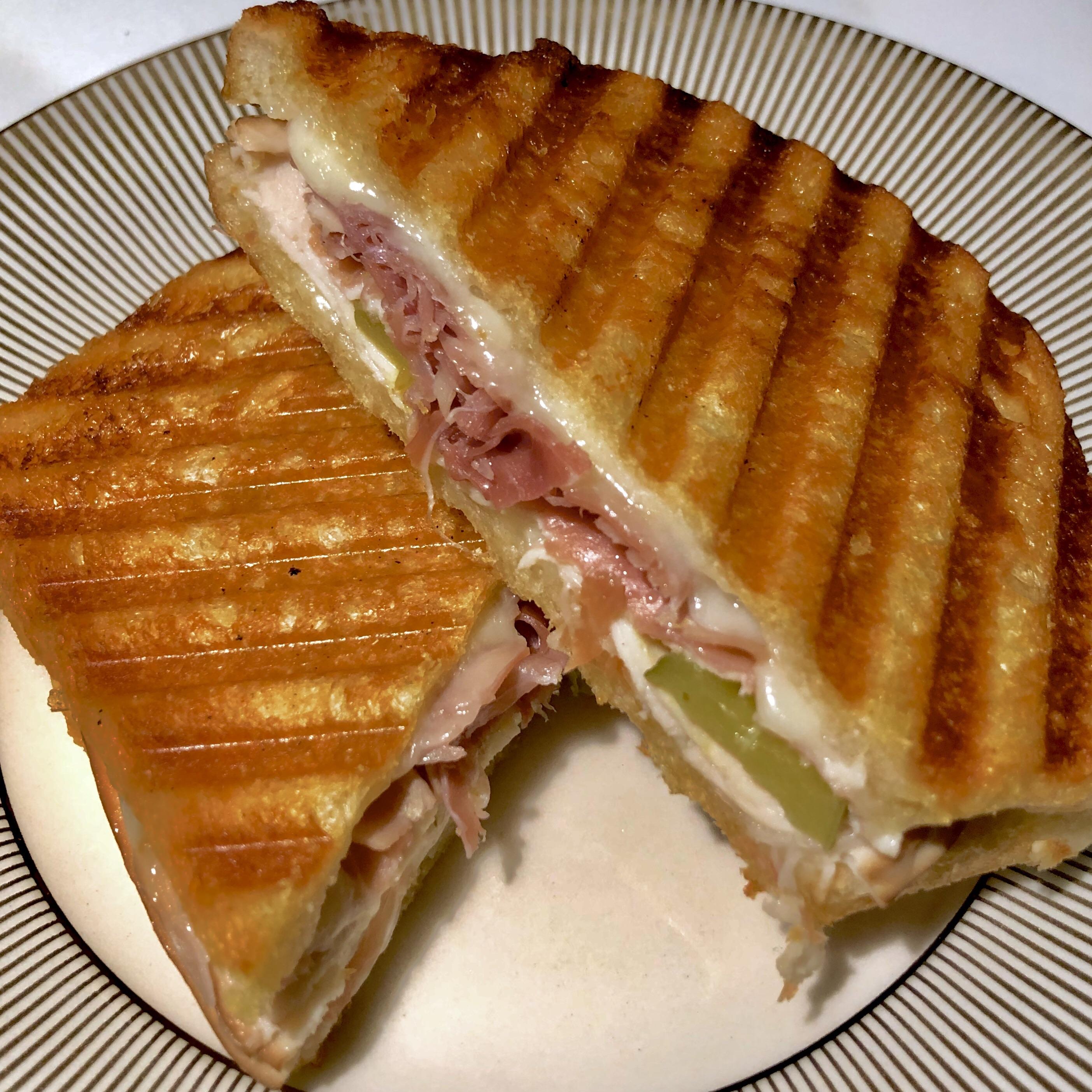 [Homemade] Panini with prosciutto, smoked turkey, pickles, peperoncino