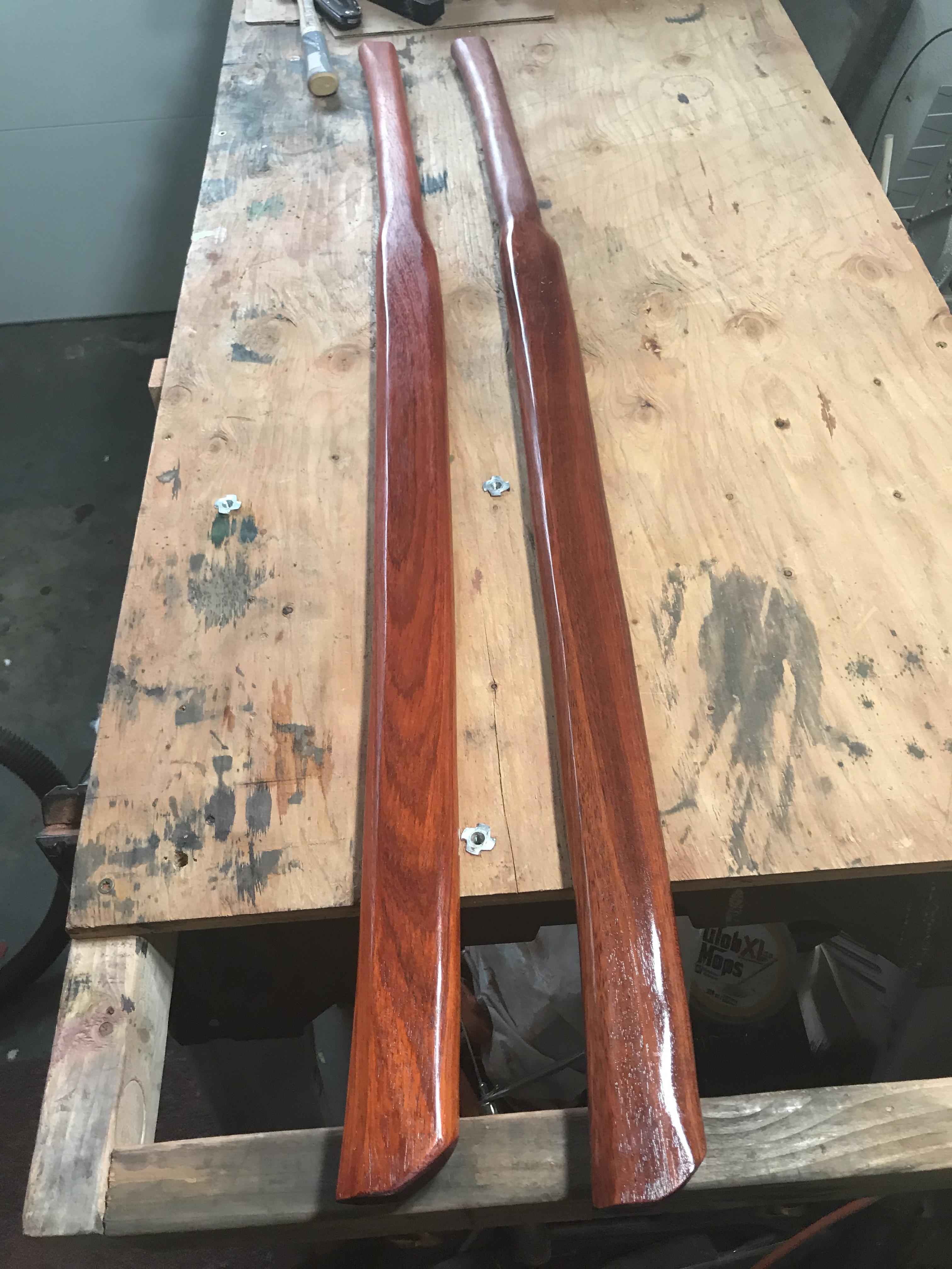 A Bloodwood and a padauk suburi that I made by hand. 42” in length. r/Wooden_Swords
