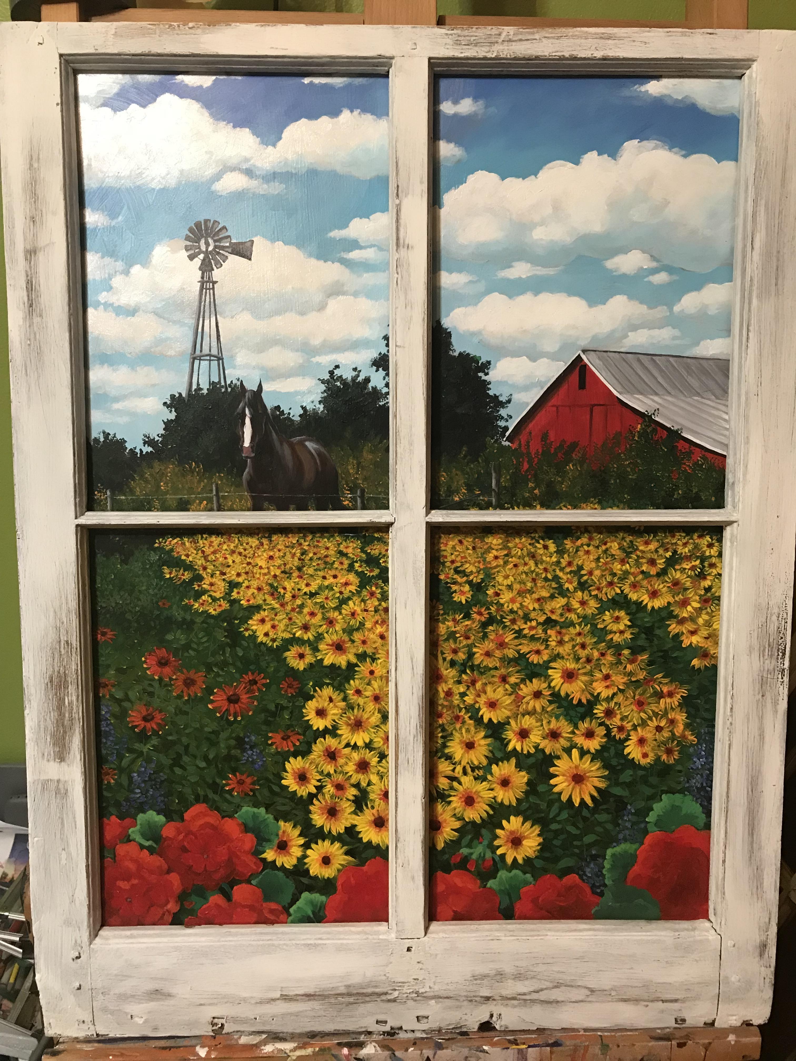 Iowa in June, Acrylic on board in window frame, 25”x33” r/Art