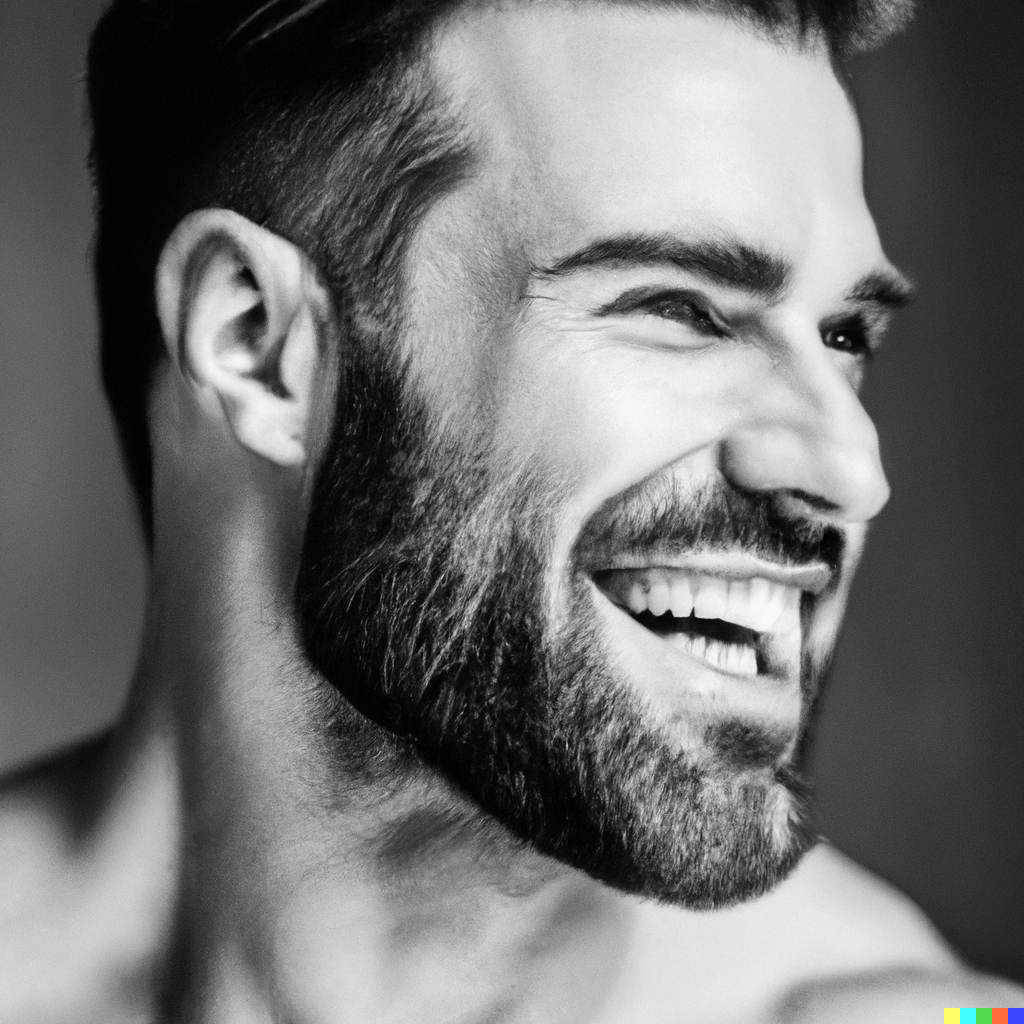 “Black and white photography of a very muscular man smiling with a