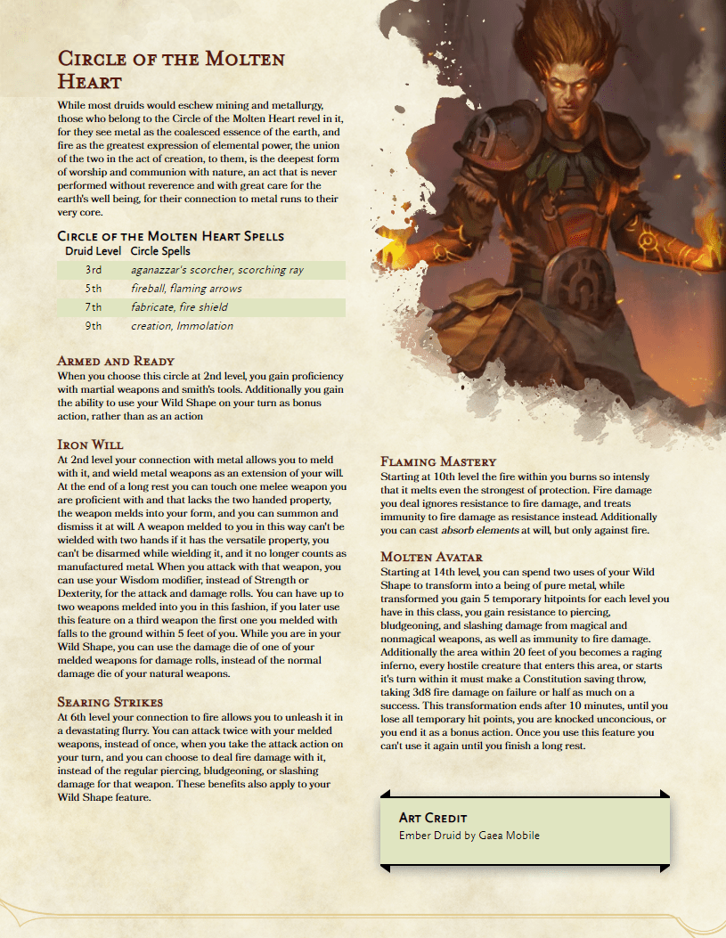 [OC][Homebrew] Circle of the Molten Heart V2 A melee Druid with a