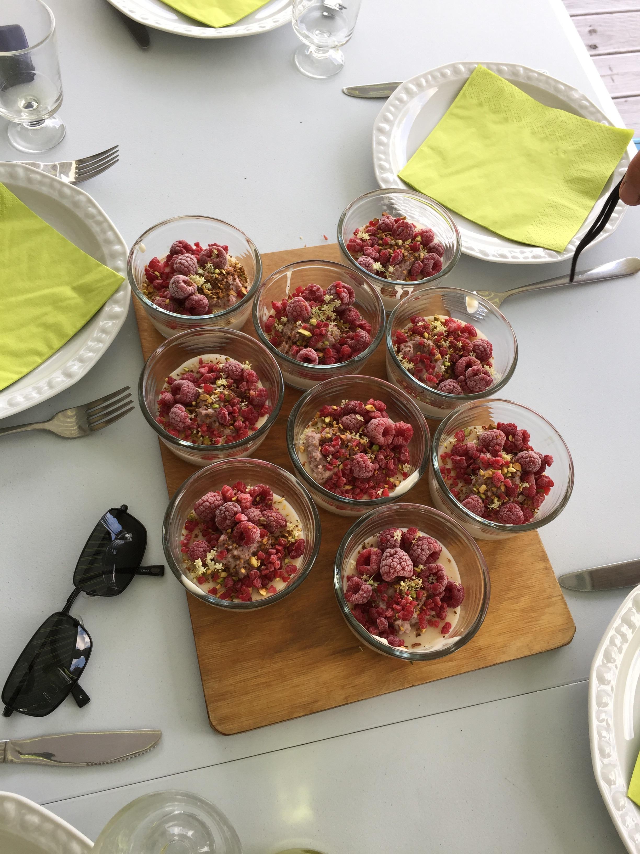 Almond milk vanilla pudding with rose “pesto”, pistachios and