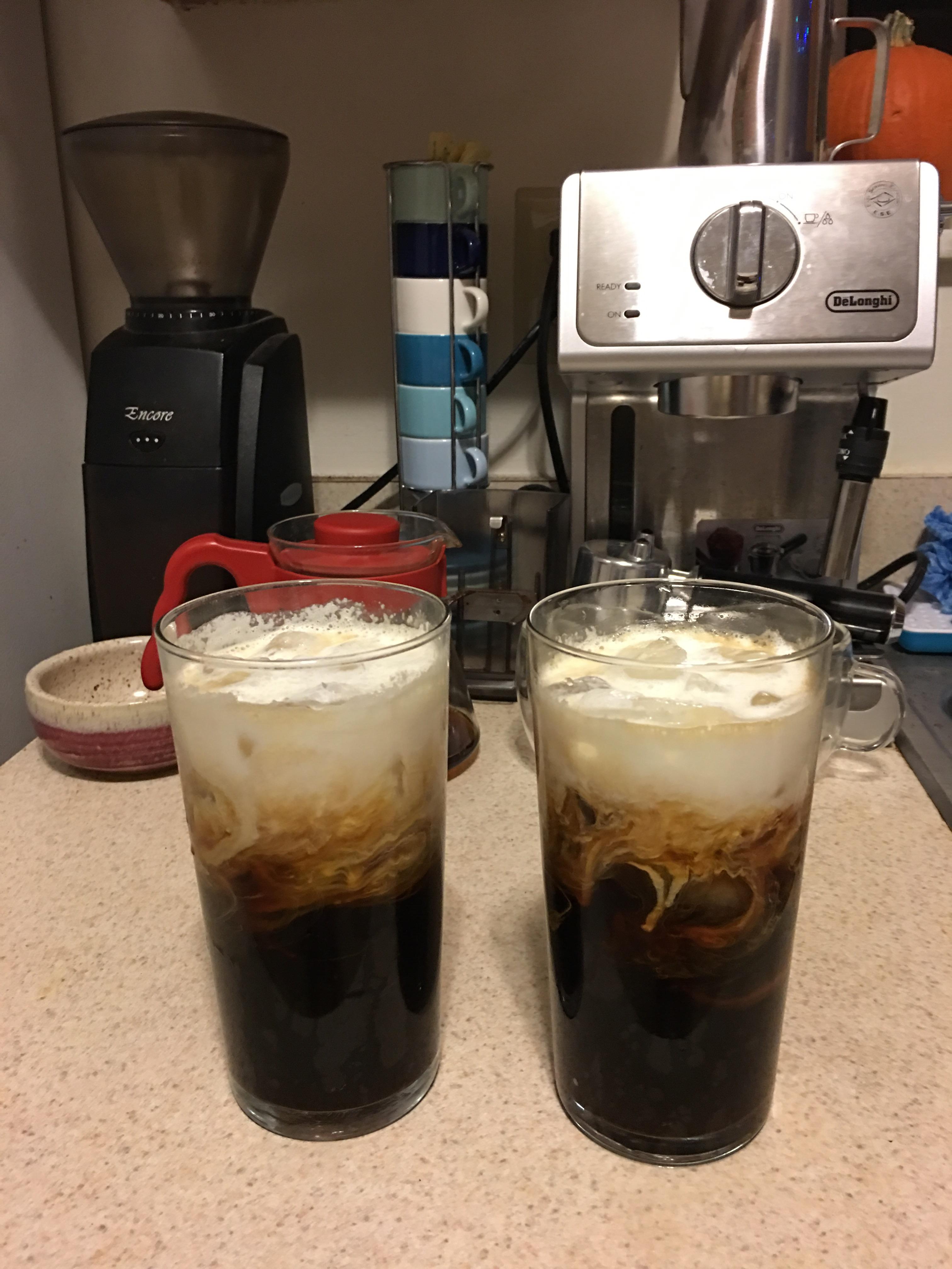 Moka pot poured over ice with heavy cream on top. Decadent lovely iced