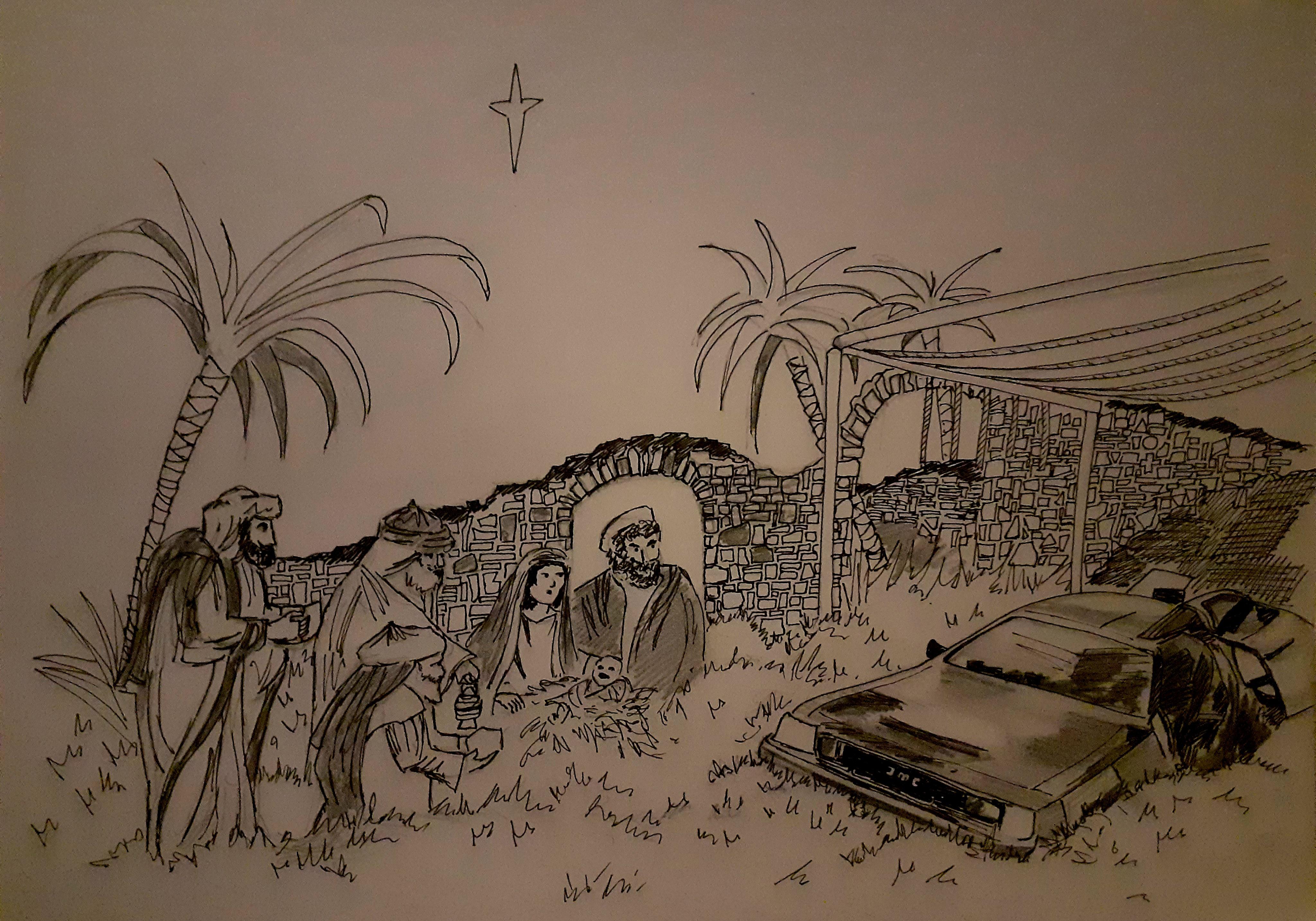 Back to the nativity, ink drawing by me, 2021. r/ImaginarySliceOfLife