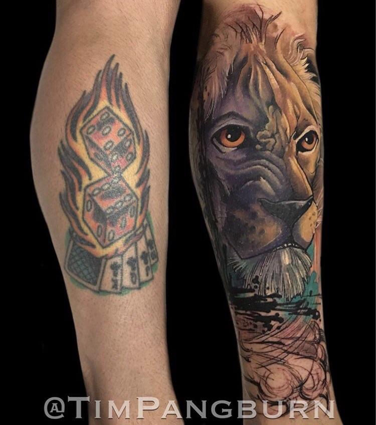 Incredible cover up on my leg by Tim Pangburn / Art Machine Productions