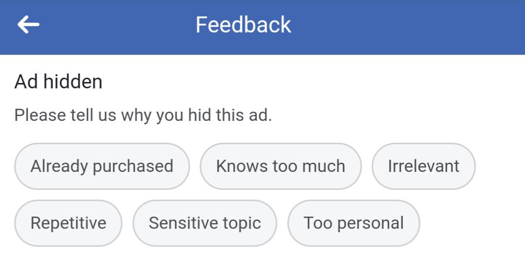 Hiding an ad on Facebook? Now you can tell them it was because the ad