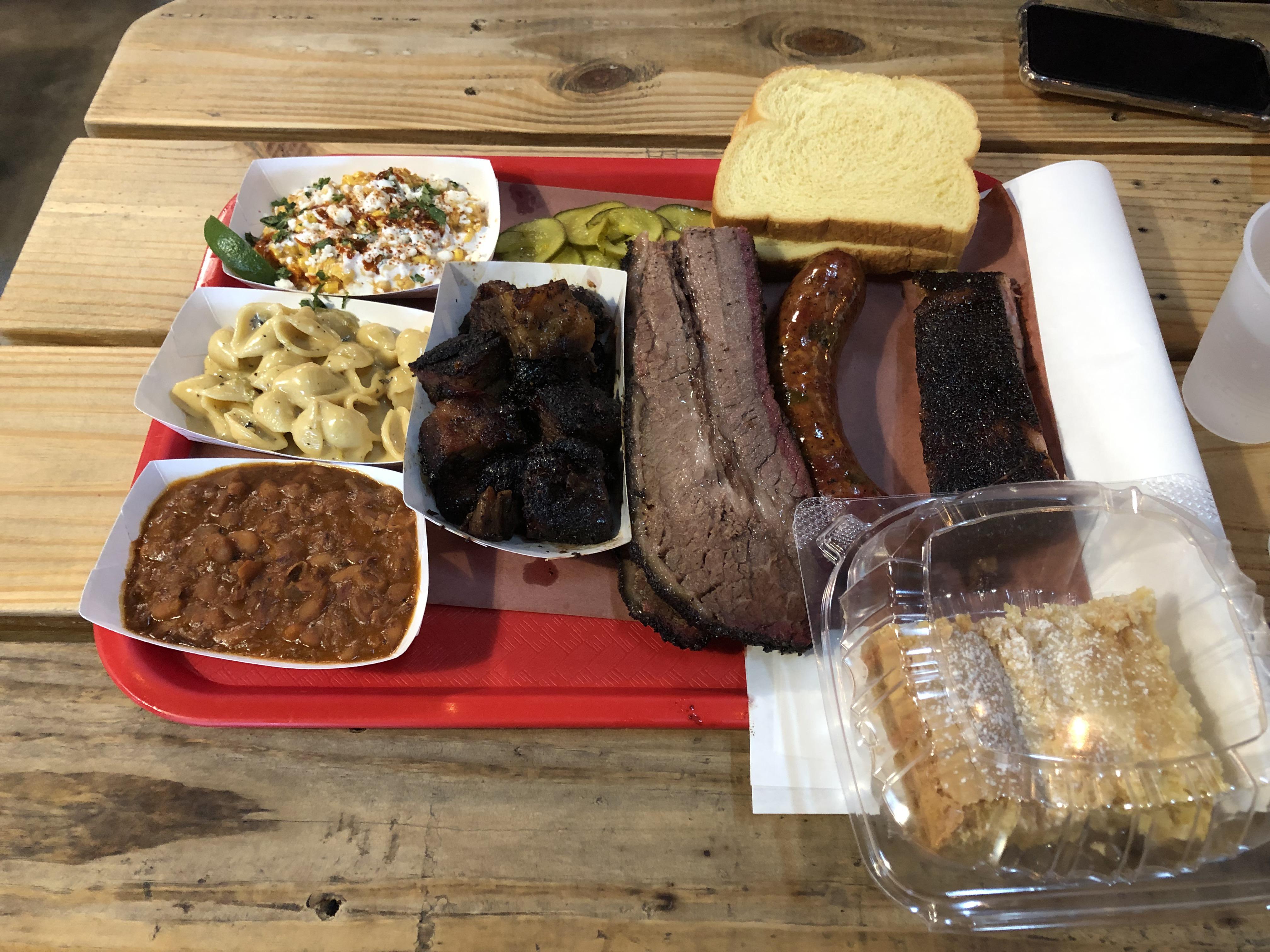 Burnt ends, brisket, chili and cheese sausage, pork ribs, cheese corn