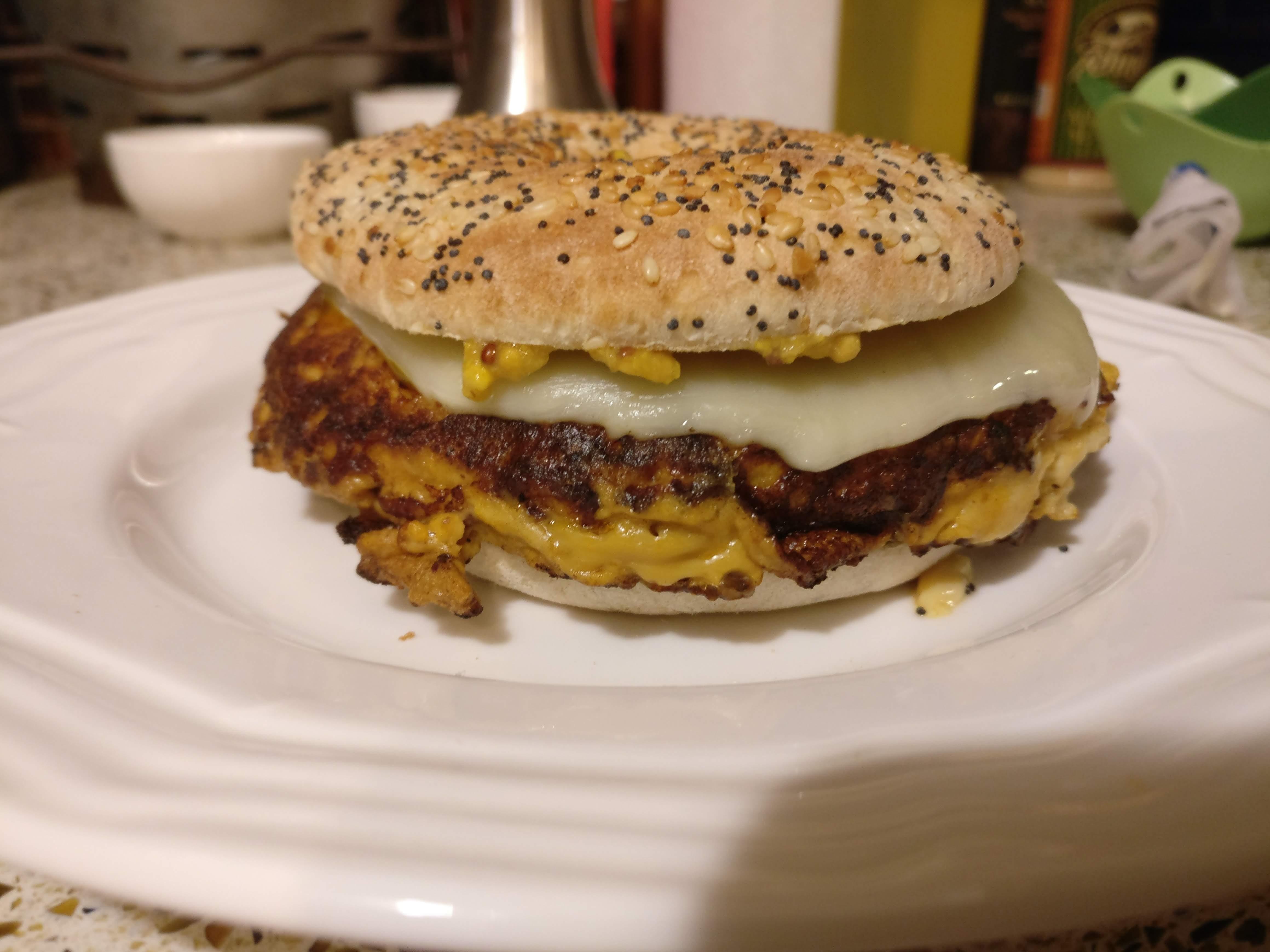 One of my goto dinners lately, tuna "burger" with cheese on a bagel