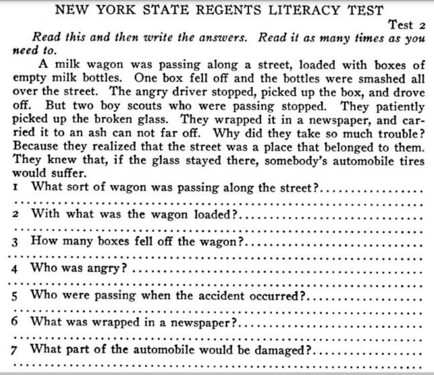 1920s NY State Regents literacy test for voting. Passing grade required
